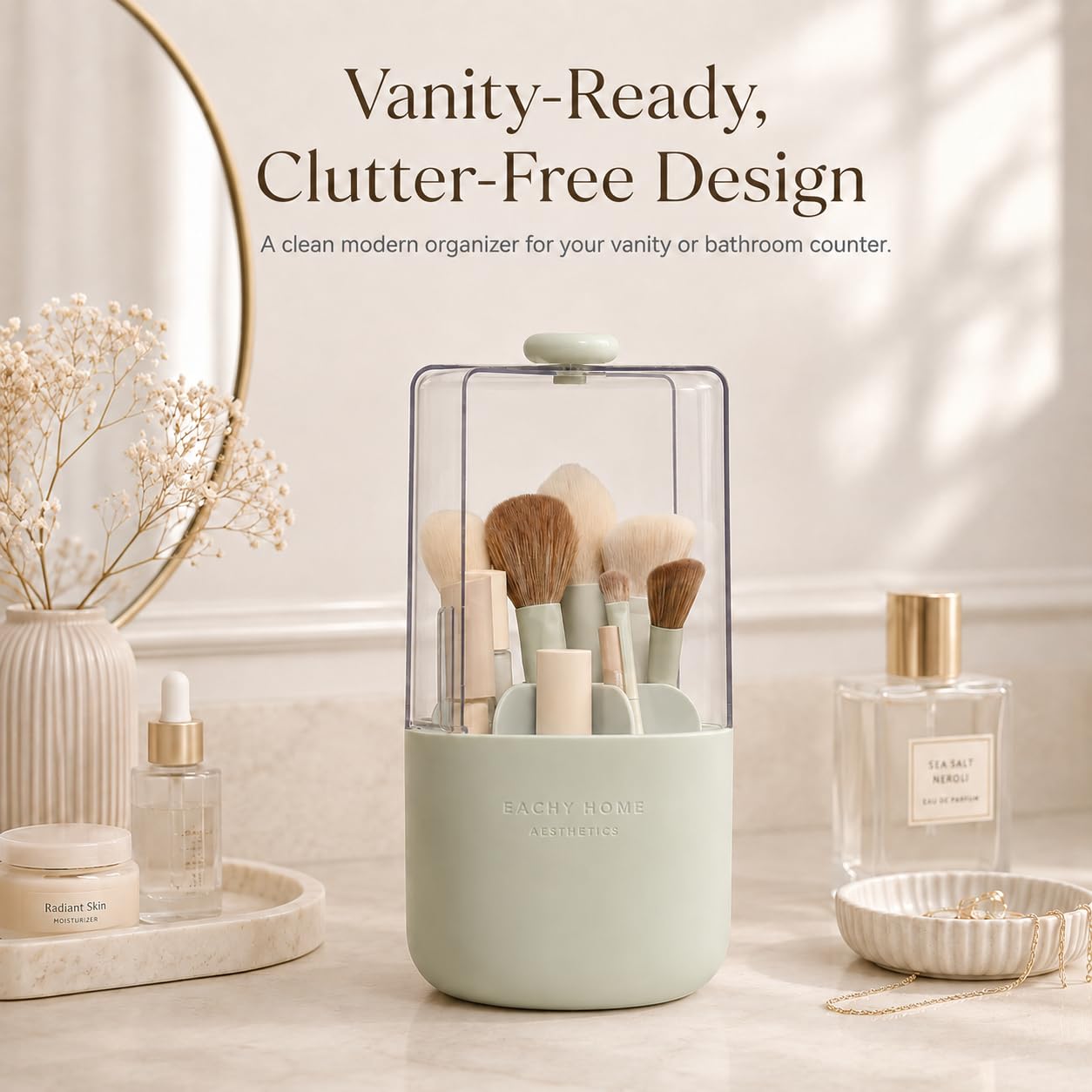 EACHY Makeup Brush Holder with Lid, 360° Rotating Vanity Organizer for Brushes, Dustproof Cosmetic Display Case, 7 Compartments, Waterproof Plastic (Green)