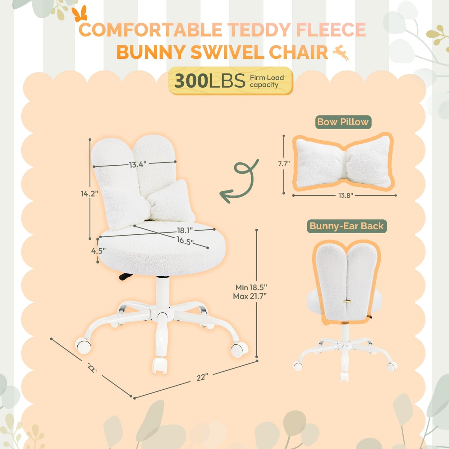 VINGLI Playful Rabbit Ear Swivel White Vanity Desk Chair with wheels&Bow Pillow,Cute Comfy Small Armless Adjustable Rolling Stool for Bedroom/Home Office,for Kids,Teens,Girls,Women,Adults,Teddy Fleece