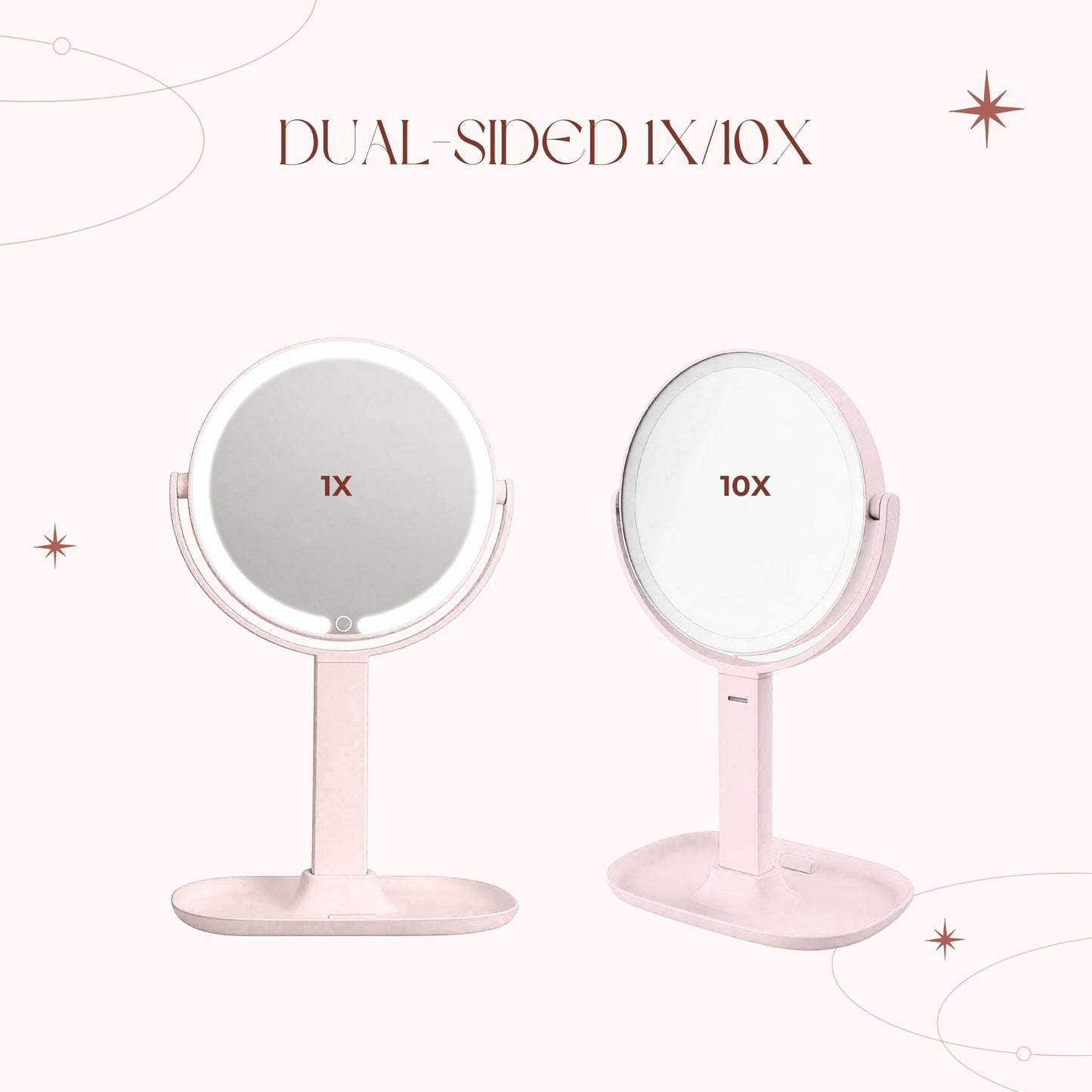 DYMOND Makeup Mirror with Lights, 1X/10X Double Sided Magnifying Mirror with Lights for Vanity Makeup Height Adjustable with Phone Holder Tray, Rechargeable with 3 Colors Dimmable, Pink