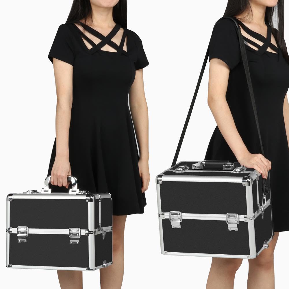 Yaheetech Rolling Makeup Train Case 3 in 1 Cosmetic Makeup Case Large Aluminum Trolley Makeup Travel Case Professional Rolling Cosmetic Beauty Storage, with 360° Swivel Wheels, Black