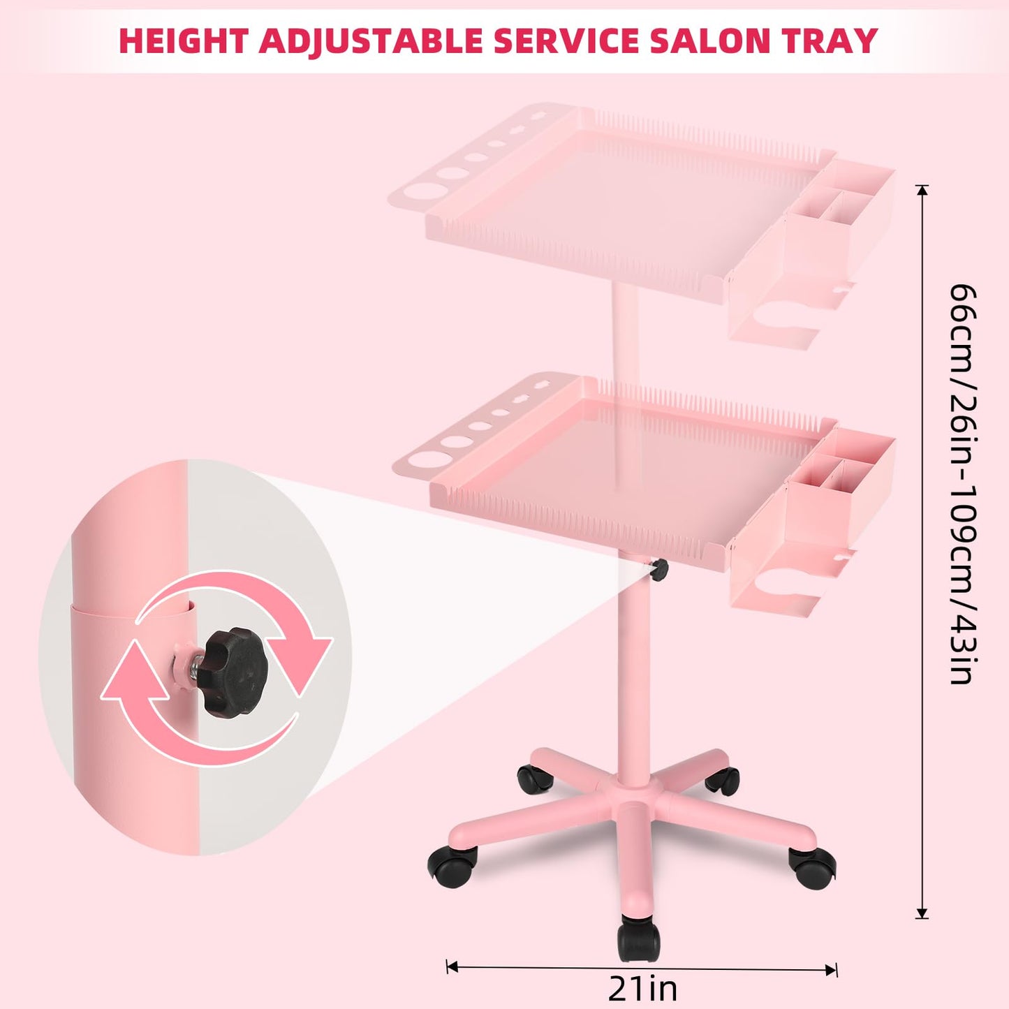 LKT COBTAC Extension Salon Tray Hair Extension Cart Tray Pink Multi-Function Extensions Rolling Tray with Blow Dryer Holder and Storage Platform