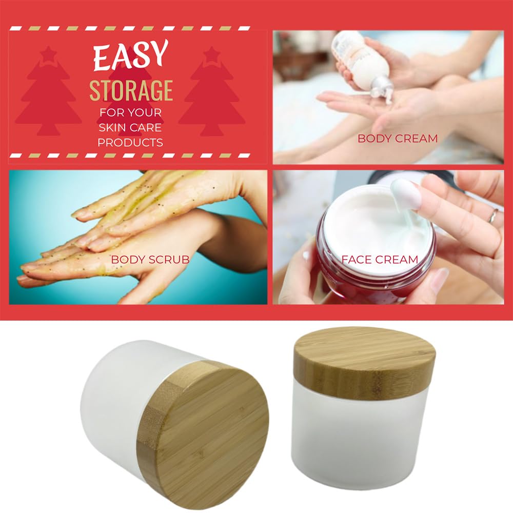 BEECO GIF2U Empty Bamboo Lid Jar 16oz/500g,Refilable Plastic Round Cosmetic Containers for Powder,Body Butter,Cream,Lotion,Wide Mouth Makeup Sample Storage Pot Dispenser(Frost)