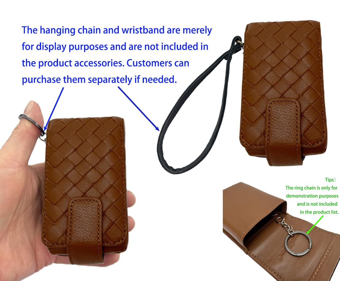 AgentMoon Luxury Handheld Lipstick Pouch with Mirror,Genuine Leather Lip Balm Case with Clamshell Magnetic Hidden Clasp and Hook for Chain.Portable Travel Cosmetic Case for Women.(Light Brown Woven)