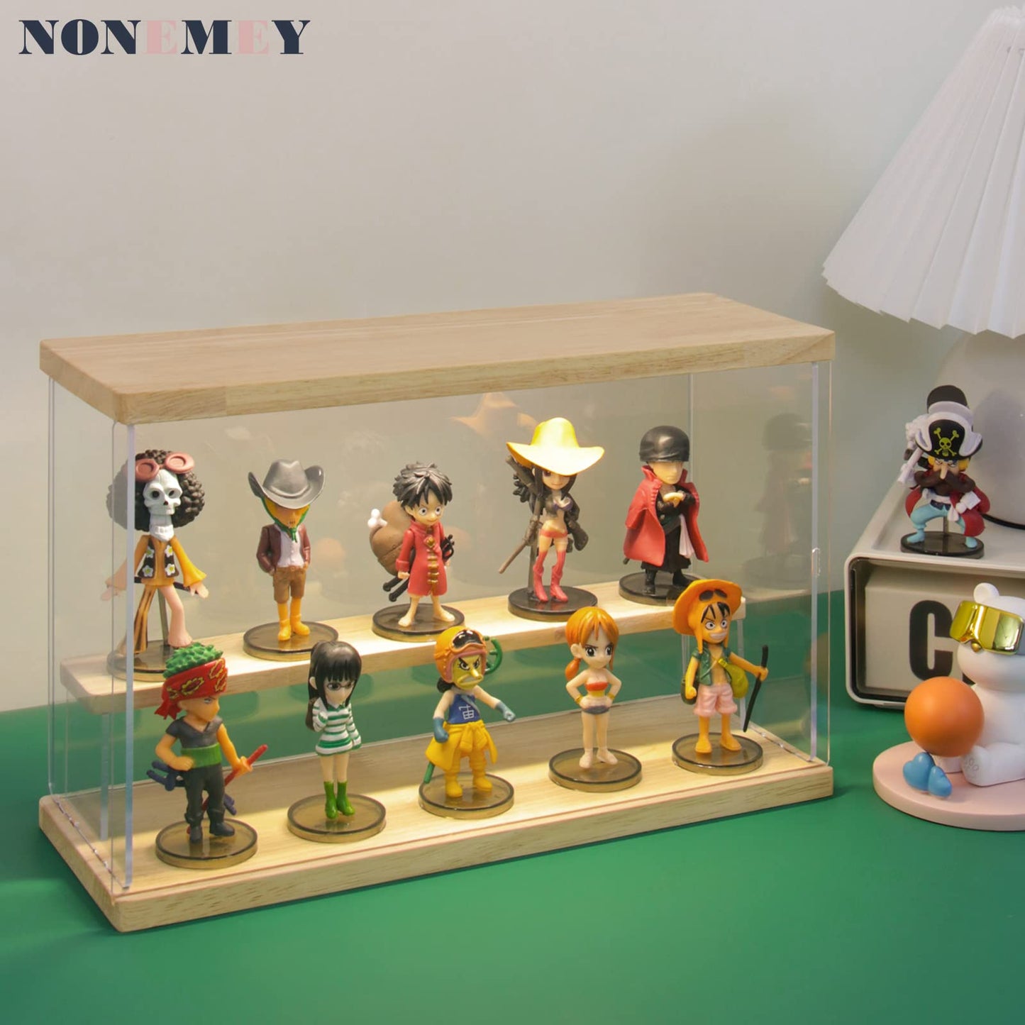 NONEMEY Acrylic Display Case with Light, Upgraded 3 Color Light & Adjustable Brightness Showcase , 2 Tier Dustproof Clear Toy Organizer Box for Action Figures, Collectibles, 12x4x7In