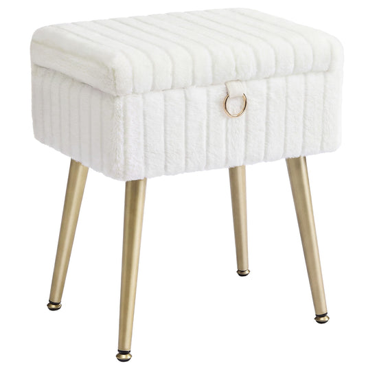 SONGMICS Vanity Stool Chair Faux Fur with Storage, Vanity Bench, Metal Legs, Adjustable Feet, for Living Room, Bedroom, Makeup Room, Cream White ULOM505WZ02