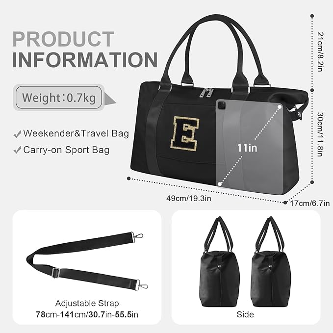 Dance Gym Duffel Bag for Teen Girls, Personalized Initial Travel Weekender Bag,Cute Overnight Carry On Duffle for Women,Sports Travel Cheer Bag,Monogram Christmas Gifts for Tween Preppy(black-E)