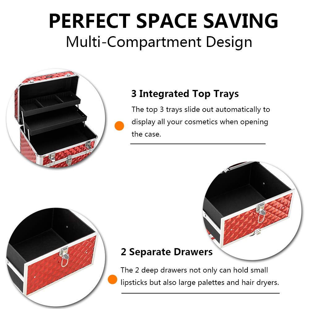 OmySalon Aluminum Rolling Makeup Train Case, Portable Makeup Organizer Suitcase, Cosmetic Storage Box, Travel Beauty Luggage Trolley Lockable w/4 Removable Wheels & 2 Sliding Drawers, Red