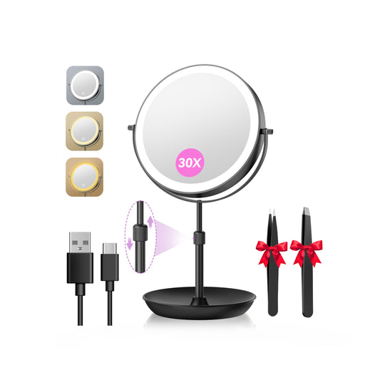 Auxmir 9" Large Lighted Makeup Mirror with Magnification, 1X/30X Double Sided Magnifying Mirror with Adjustable Height, Rechargeable Vanity Mirror with 3 Color Dimmable Lights, 360° Rotation