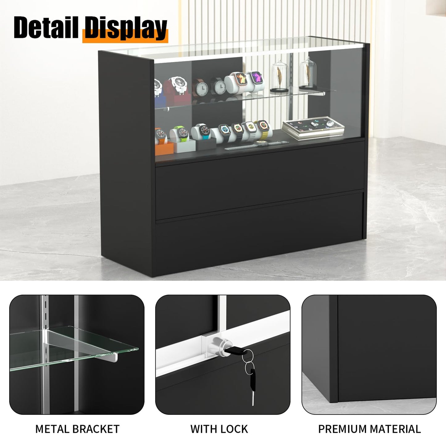 HUZJIEHUI 48" W x 18" D x 38" H - Black Retail Display Case, Glass Display Case with Storage，Illuminated Full Vision Display Showcase for Store