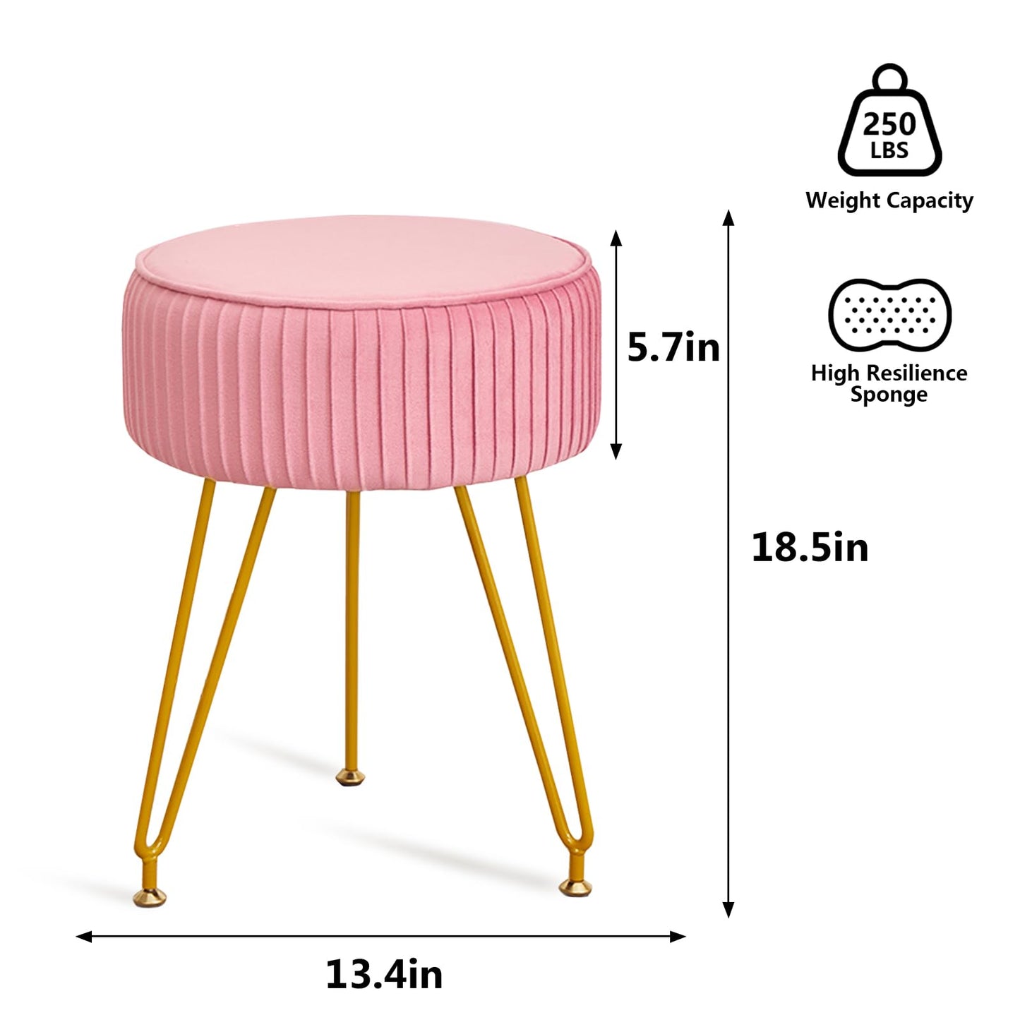 Leesingdo Velvet Vanity Stool, Modern Ottoman Foot Rest Stool with Adjustable Golden Legs, Makeup Chair for Vanity, Multifunctional Small Vanity Chair for Bedroom, Pink