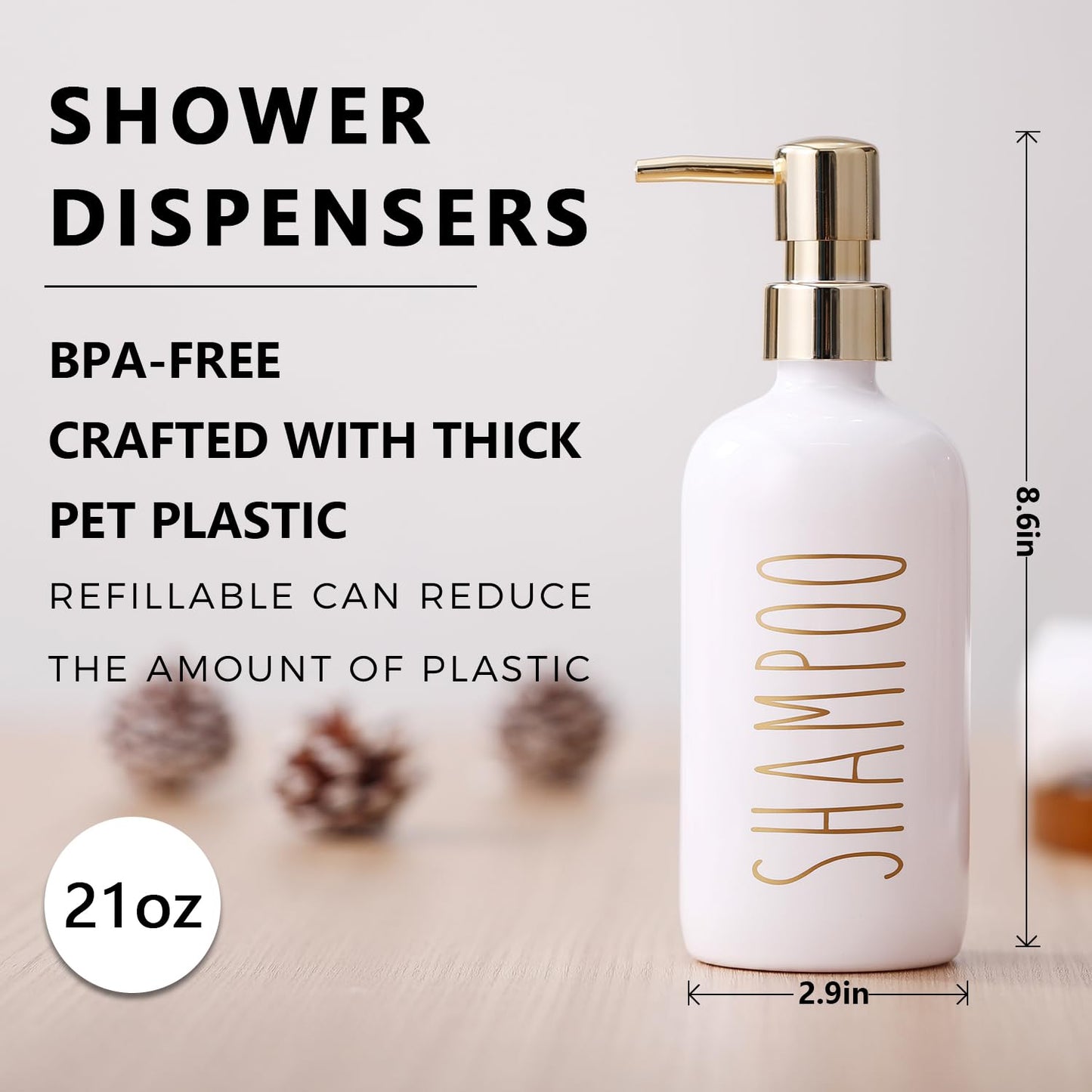HOMCDALY Shampoo and Conditioner Dispenser Set of 3, 21oz Shower Soap Bottles with Pump, Refillable Shampoo Conditioner Body Wash Dispenser, Bathroom Shower Shampoo Bottles, Shampoo Container(P-Gold)