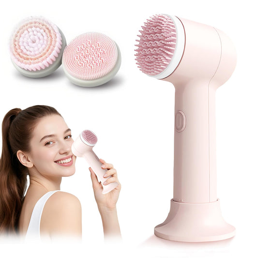 Electrical Facial Cleansing Brush, Multi-Function Face Wash Brush with Base and 2 Brush Heads, Portable Face Scrubber for Deep Skin Cleaning and Gentle Exfoliating (Pink)