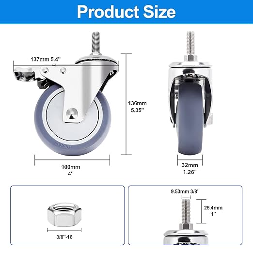 4 inch Stainless Steel Caster Wheels Heavy Duty, 3/8"-16x1 Threaded Stem Casters Set of 4, Rust Resistant, Non-Marking Slient TPR Rubber Wheels for Hospital, Lab, Furniture, Restaurants
