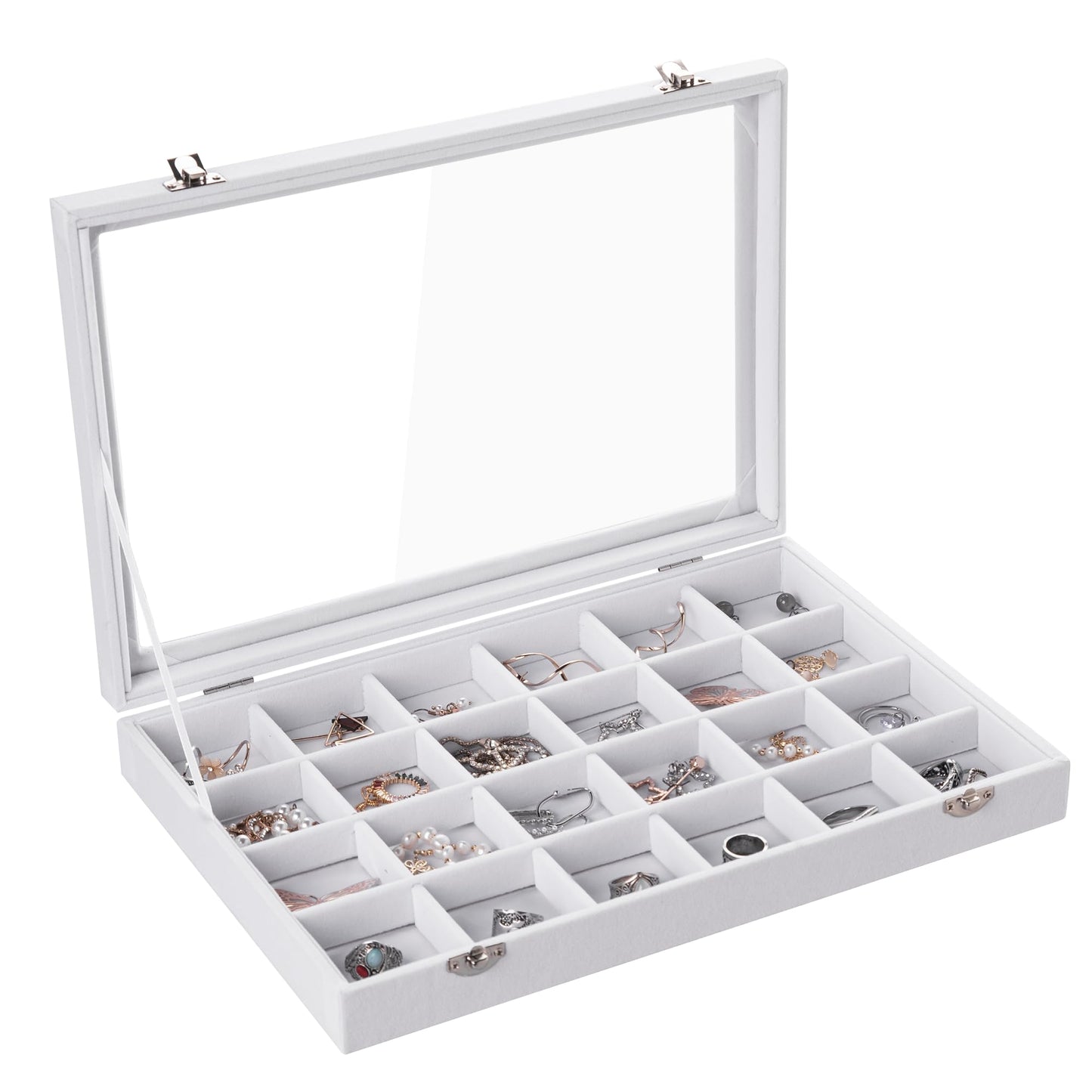 Frebeauty Velvet Jewelry Tray,24 Grid Jewelry Organizer with Clear Lid,Earring Holder Organizer with Clasp,Drawer Insert Rings Pendants Brooches,13.8 x 9.5 x 2 Inches,Gift for Women Girls(White)