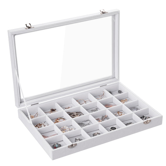 Frebeauty Velvet Jewelry Tray,24 Grid Jewelry Organizer with Clear Lid,Earring Holder Organizer with Clasp,Drawer Insert Rings Pendants Brooches,13.8 x 9.5 x 2 Inches,Gift for Women Girls(White)