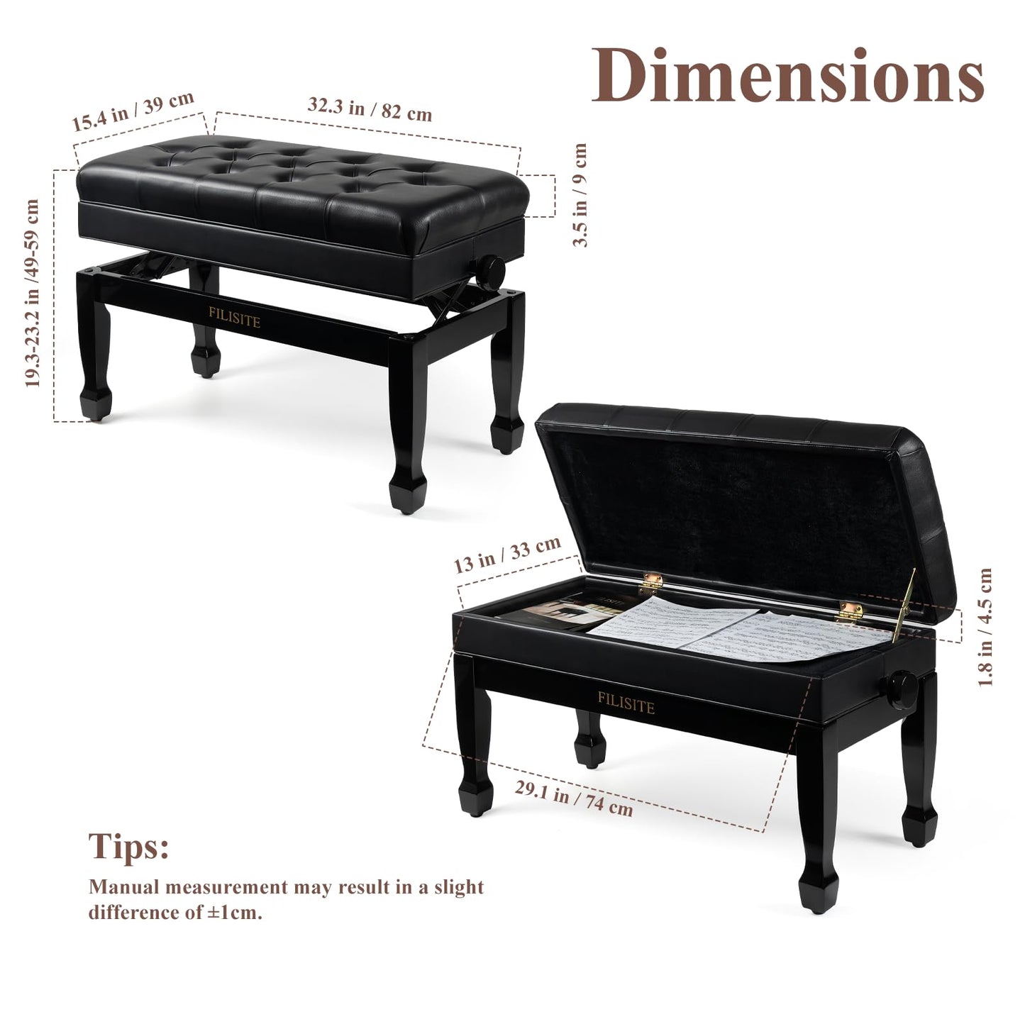 FILISITE Adjustable Duet Piano Bench with Storage, Heavy Duty Solid Wood Double Piano Stool Keyboard Bench Seat with PU Leather Padded Cushion (Black)