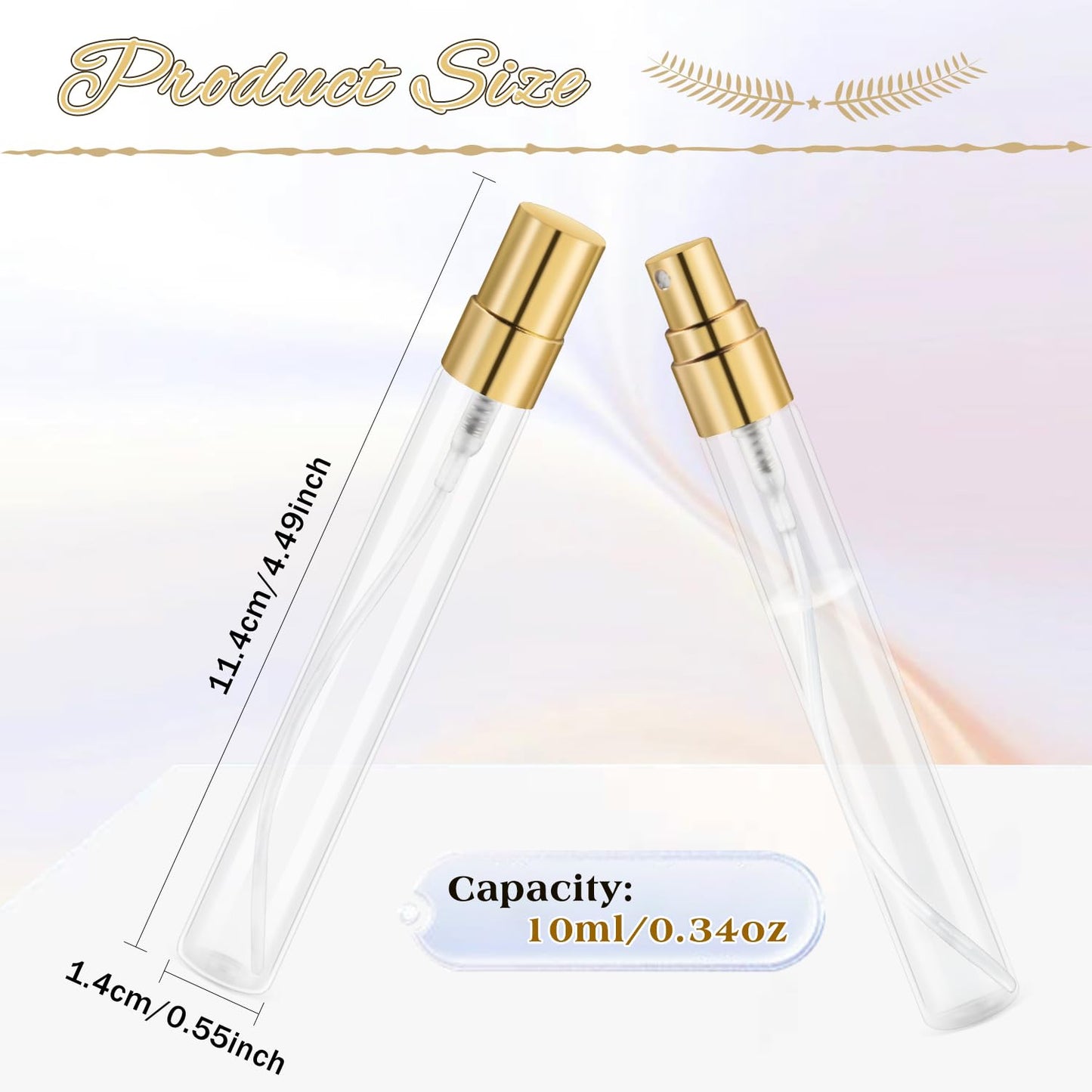 Mirrline 30 Pcs 10ml/0.34oz Mini Spray Bottle Glass Fine Mist Perfume Atomizer Empty Sample Containers with Golden Lids for Travel Cleaning Essential Oils