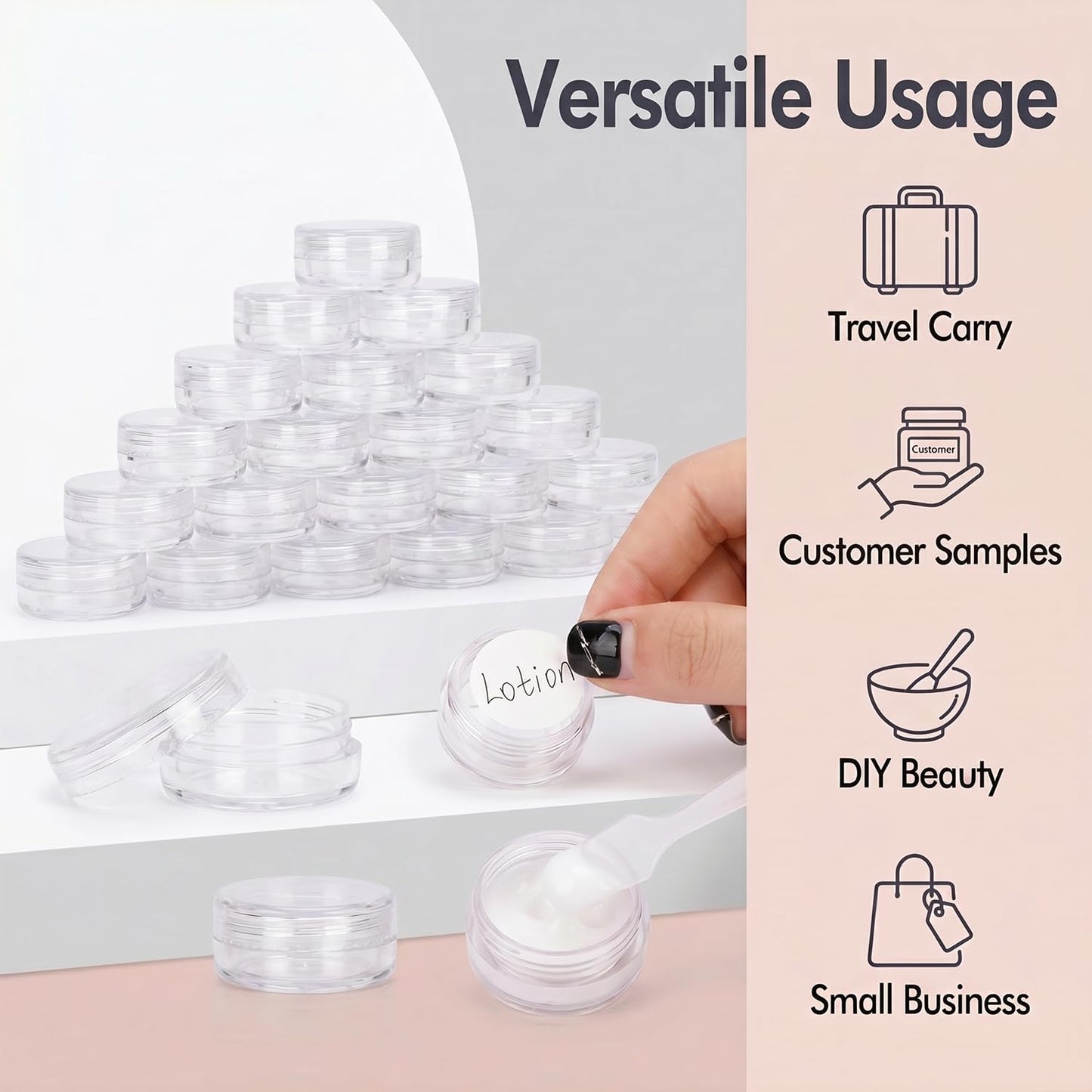 3 Gram Sample Containers with Lids, 100 Count Tiny Sample Jars, Empty Lip Balm Containers, Mini Cosmetic Container with Lids, Makeup Travel Container with Labels, Mini Disposable Spatulas