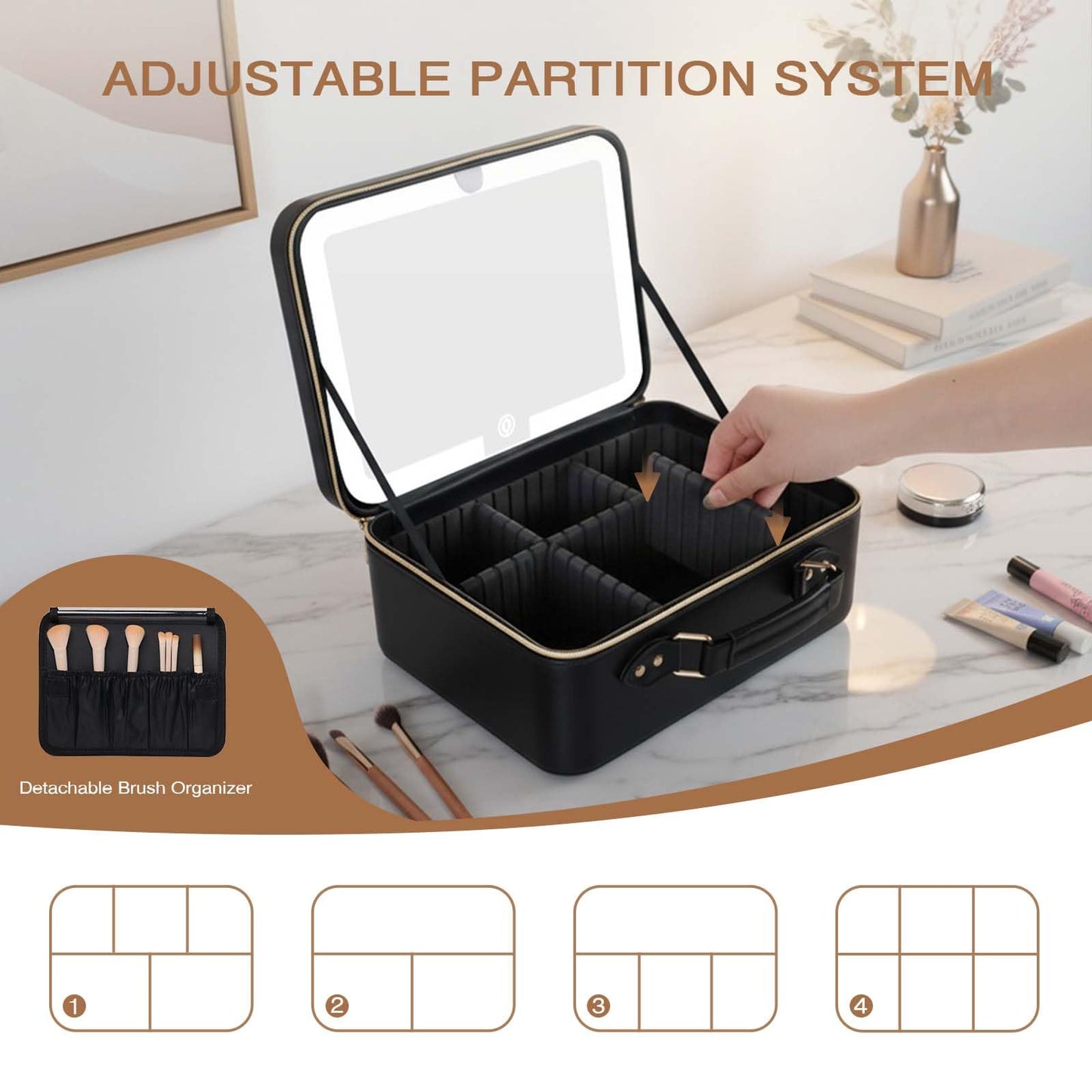 Prite Makeup Bag With LED Mirror 3 Light Modes Adjustable Brightness, Travel Cosmetic Train Case with Adjustable Dividers & Brush Holder, Portable Makeup Artist Organizer Bag for Women(Black)