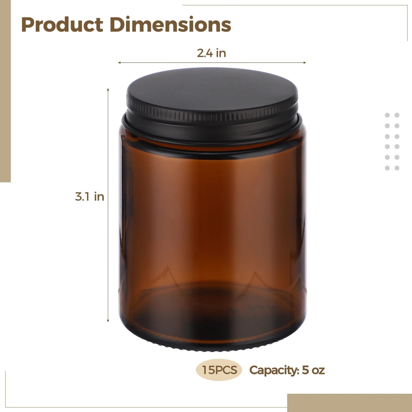 15 PCS 5 oz Amber Glass Jars with Lids - Round Brown Glass Container with Metal Lid, Small Airtight Glass Containers for Cream Lotion Powder Beauty Products, Leakproof Empty Cosmetic Travel candle Jar