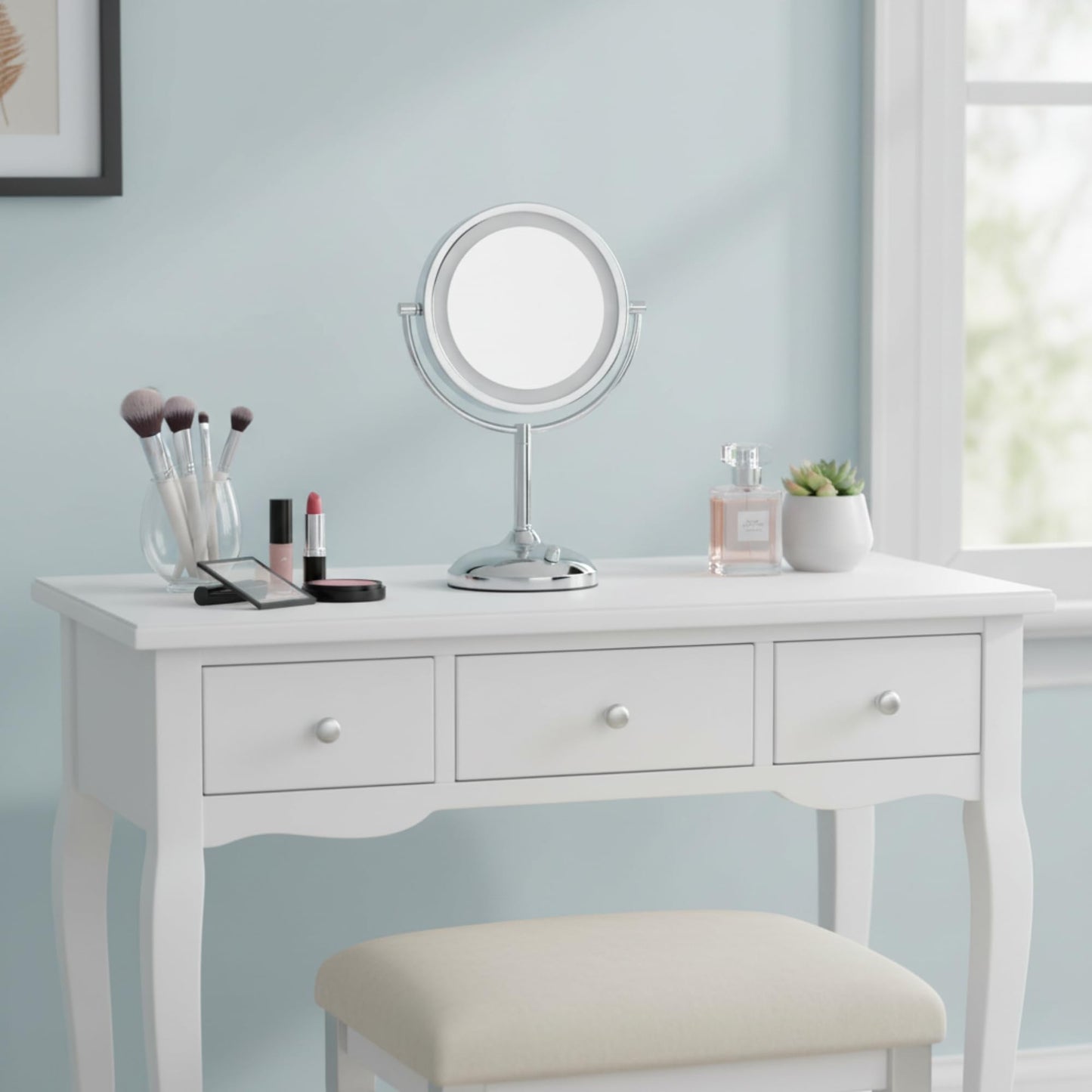 JERDON Lighted Tabletop Mirror with 10X/1X Magnification - LED Lighted Makeup Mirror with Multiple Light Settings in Chrome Finish - 8.5-Inch Diameter Vanity Mirror - Model JS8510BC