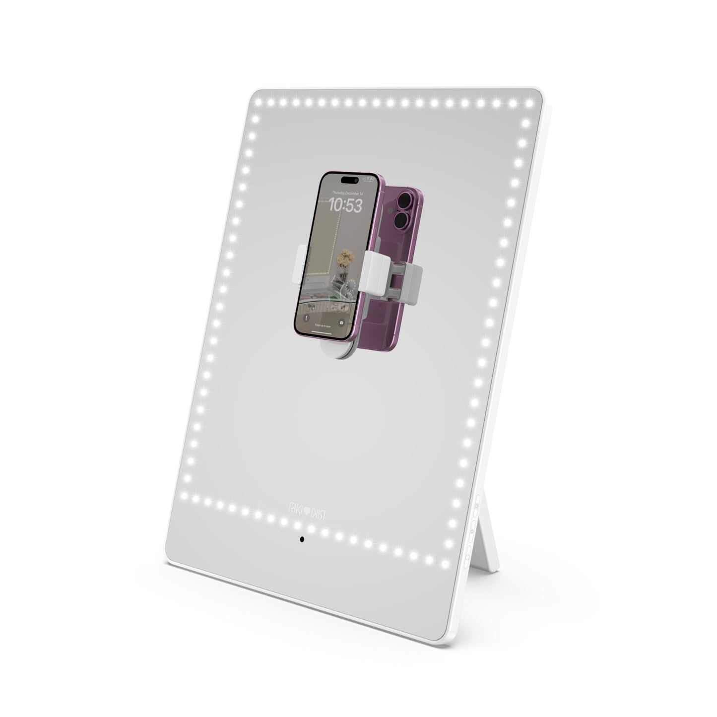 RIKI LOVES RIKI Pretty LED Makeup Mirror with Lights - Medium-Sized Lighted Makeup Mirror with 5X Magnifying Mirror, Smartphone Holder & Remote Control | Wall-Mountable, Bluetooth, & Selfie Function