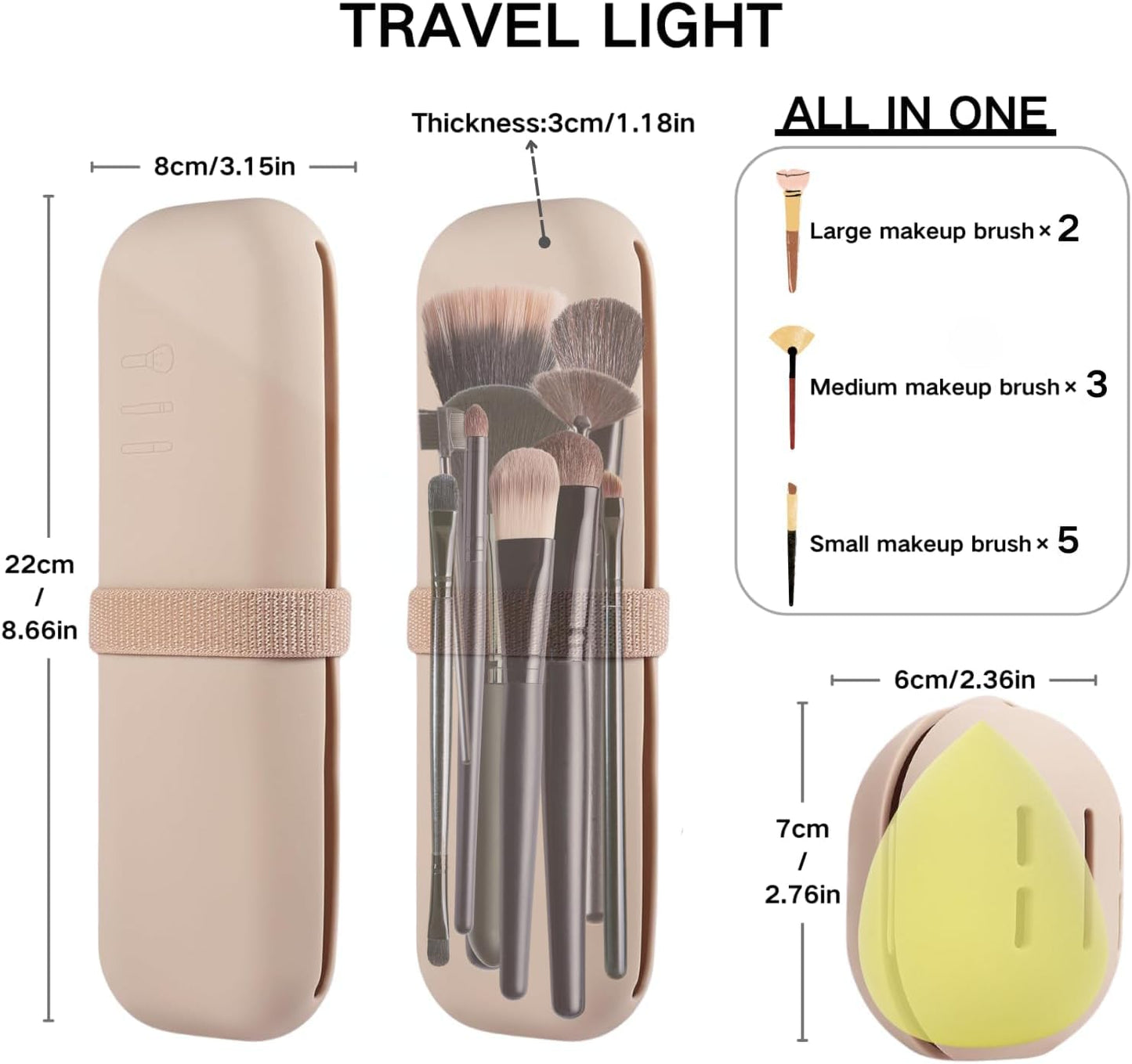 BSJIASHIWEI 2-in-1 Silicone Makeup Brush Holder Travel Case with Beauty Blender Pouch, Nylon Strap Closure, Odorless Waterproof Makeup Brush Organizer for Travel, Fits 12 Full-Size Brushes (Khaki)