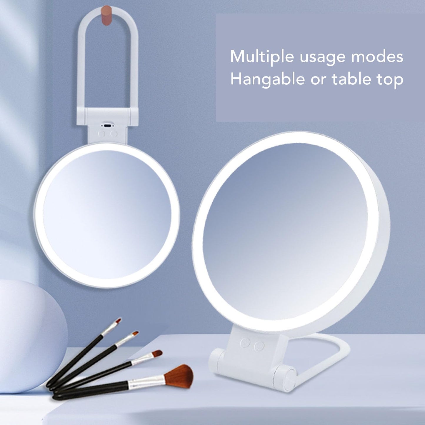 Fockety Lighted Makeup Mirror, 1X 5X Double Sided Magnifying Mirror LED Vanity Mirror with Folding Handle, Touch Control, Stepless Dimmable Tabletop Rechargeable Travel Makeup Mirror