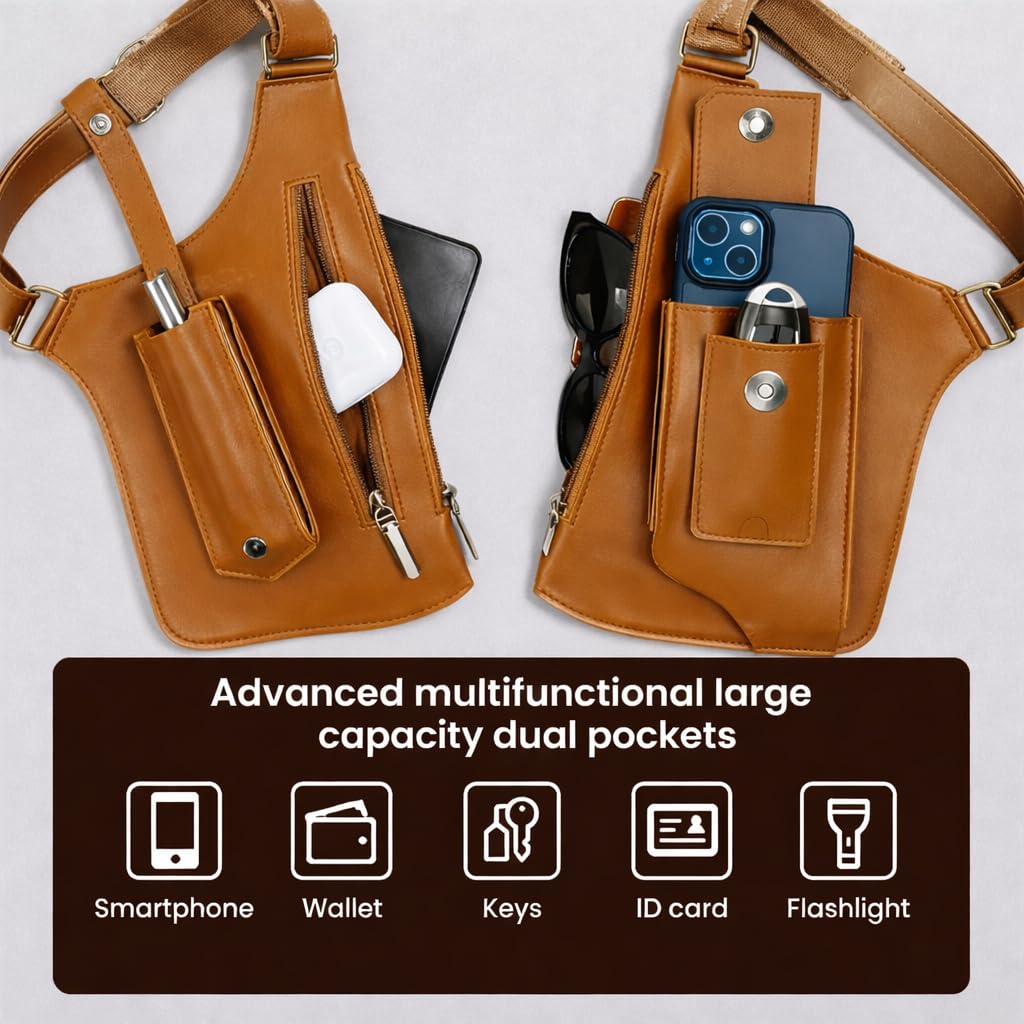 Double Shoulder Armpit Bag, Underarm Anti-Theft Crossbody Pouch, Dual Side Chest Pack, Multi-Pocket Phone Wallet Organizer (Light Brown)
