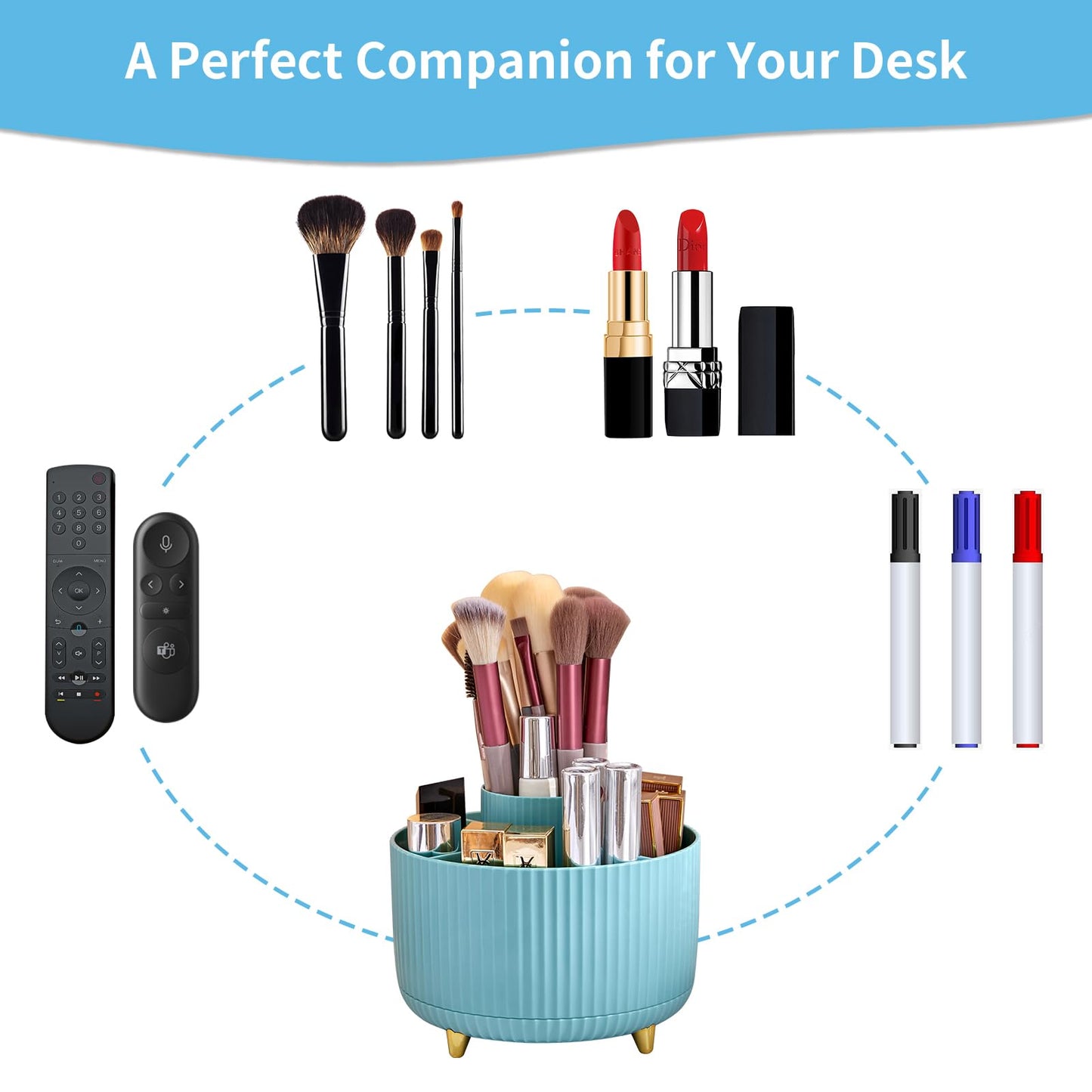 Marbrasse Desk Organizer, 360-Degree Rotating Pen Holder, Desk Organizers and Accessories with 5 Compartments Pencil Holder, Art Supply Storage Box Caddy for Office, Home（Light Blue）