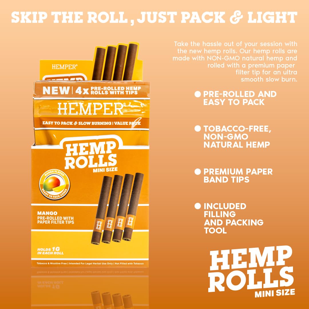 Hemper Mini Size Pre-Rolled Hemp Rolls with Paper Tips - 4PK | 12ct Display | Hand-Rolled, Natural Hemp Paper Rolls in Protective Case for Smooth, Clean Burn and Freshness - (Mango)