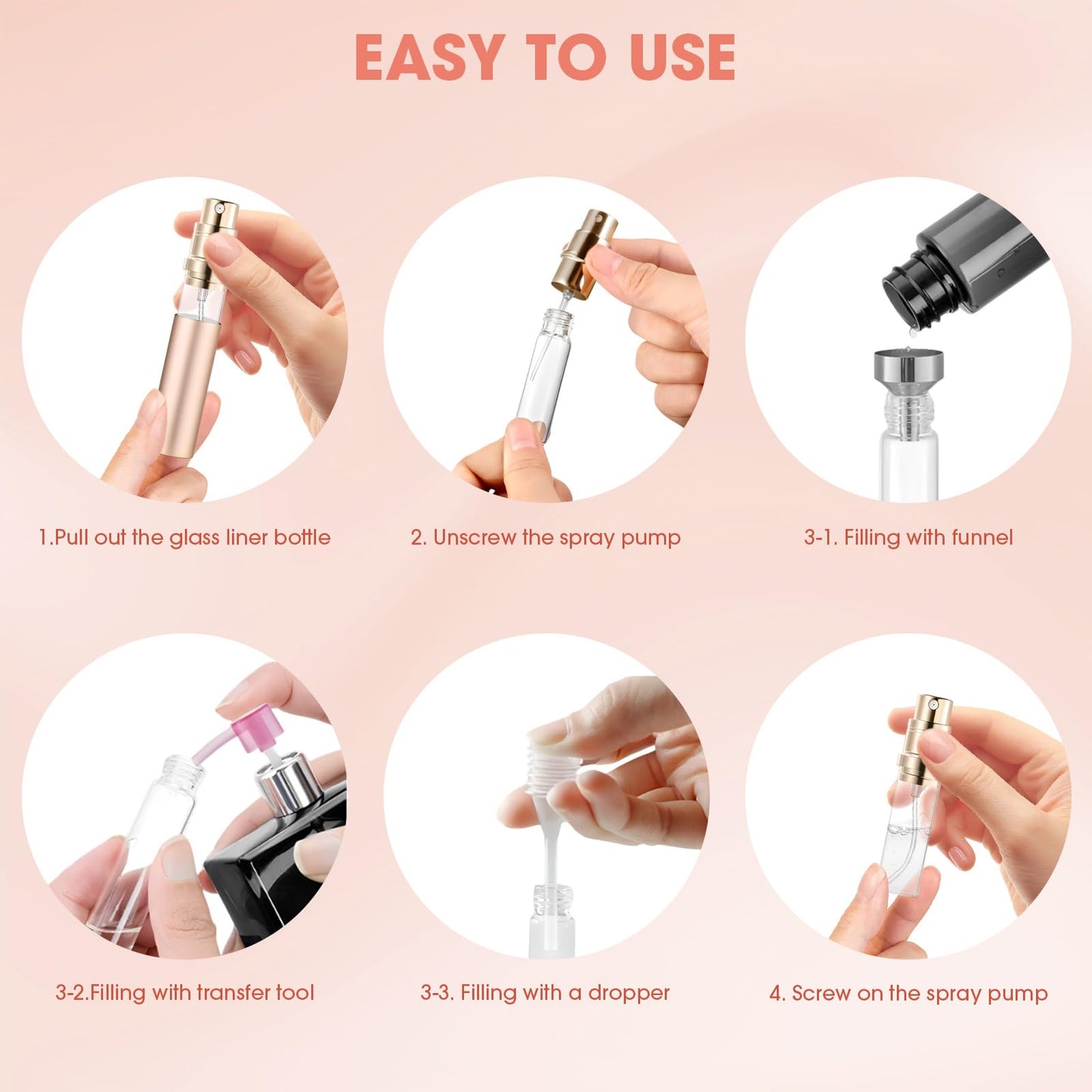 4PCS Perfume Travel Refillable Bottle, 5ml Cologne Travel Bottle, Atomizer Sprayer for Perfume, Mini Cologne Dispenser Empty Fragrance Spray for Women, Men, Gift(Black & Grey & Rose Gold & Pink)