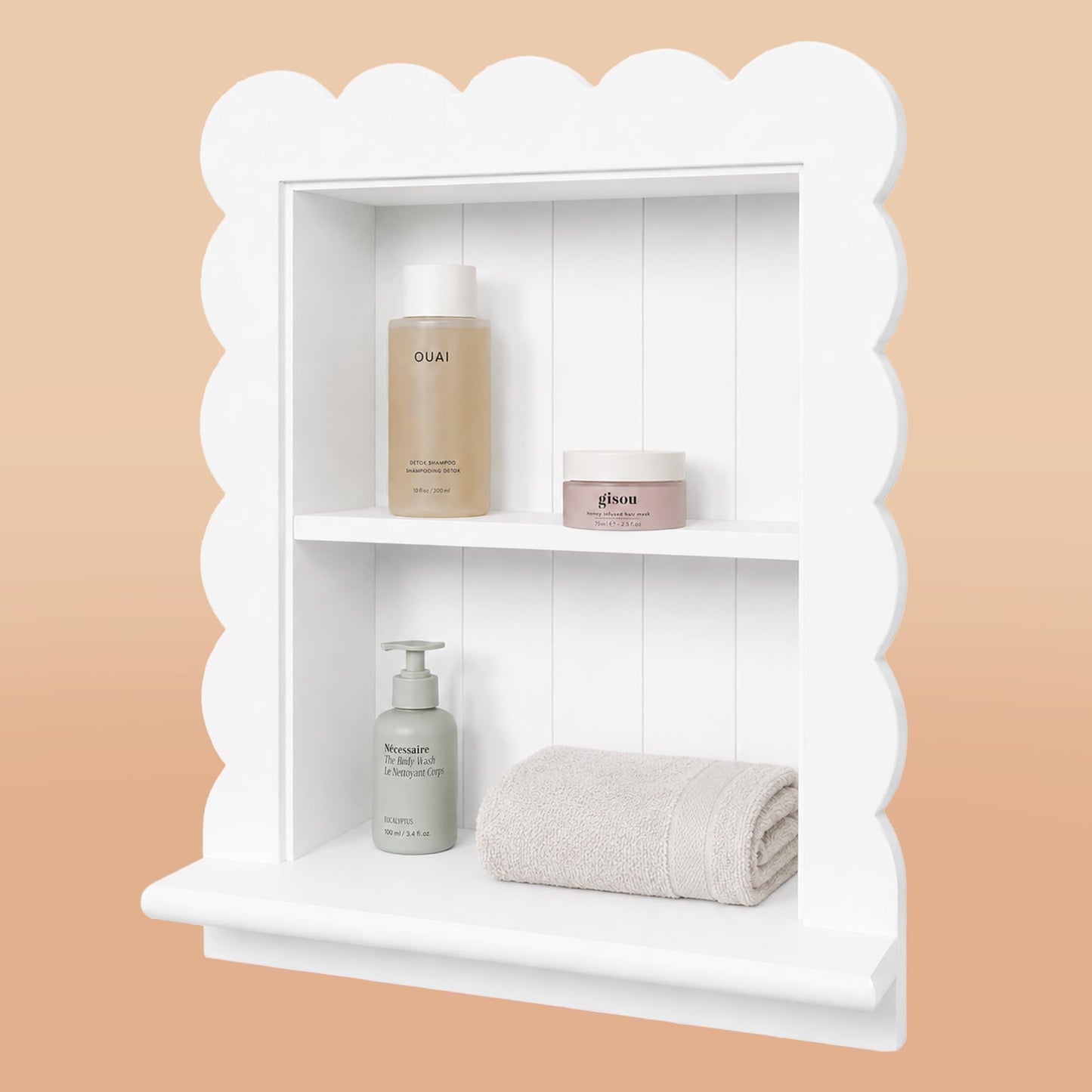 Royxen 14"x18" Recessed Medicine Cabinet, 2-Tier Wooden Bathroom Wall Cabinets Without Mirror,Scalloped Large Medicine Cabinet Niche for Bathroom Storage Organizer,White