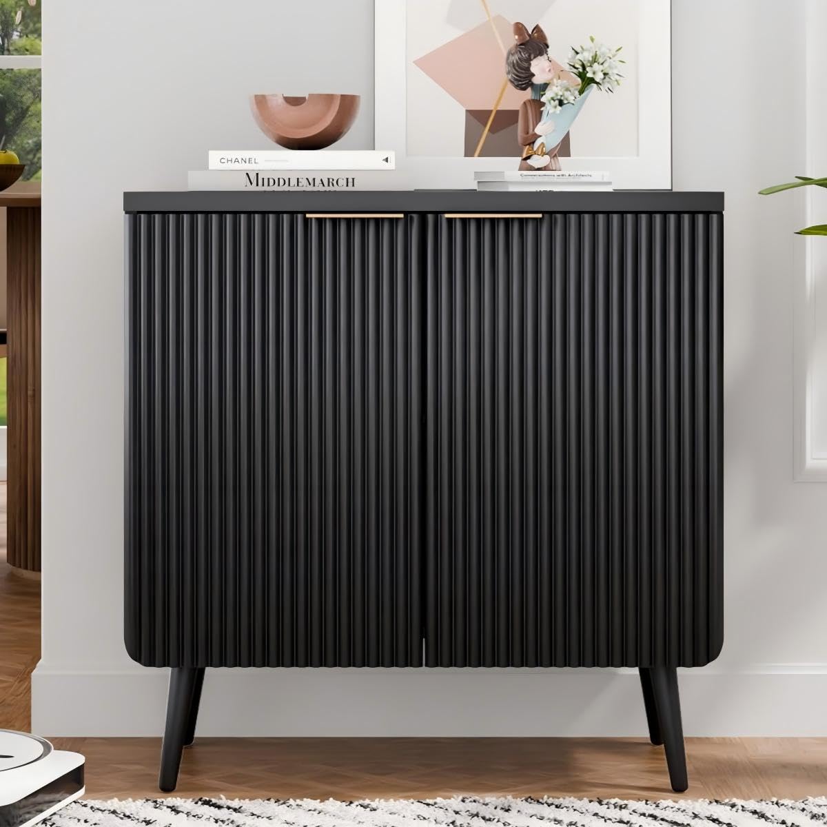 Trygoal Wood Fluted Sideboard with 2 Doors, Modern Buffet Cabinet with Shelves, Multi-Space Storage Credenza Kitchen for Entryway, Dining & Living Room, Black