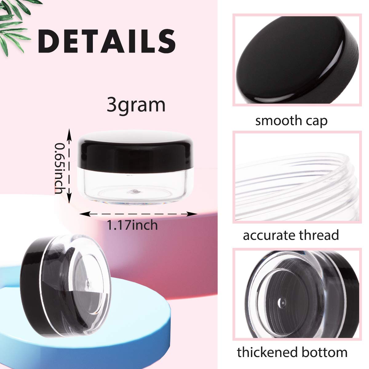 100 Pack 3 Gram Sample Containers with Lids, 3ml Mini Sample Jars, Tiny Plastic Cosmetic Containers for Lip Balms, Makeup, Lotion, Eye Shadow, Powder, and Lip Balms (Black Lids)