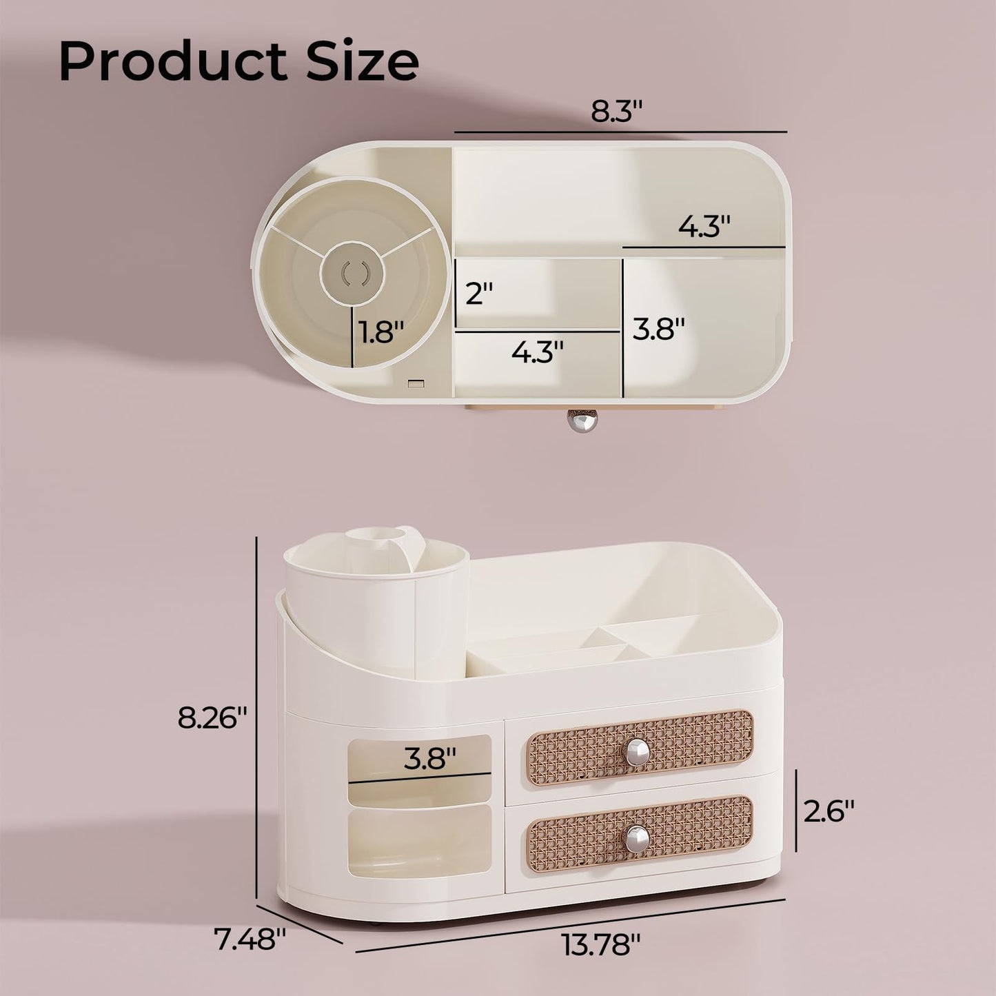 UFORU Makeup Organizer with Rotating Brush Holder, Bathroom Countertop Organizer with 2 Drawers, Easy to Store Hair Brush, Lipsticks, Perfumes, Skincare, Beige