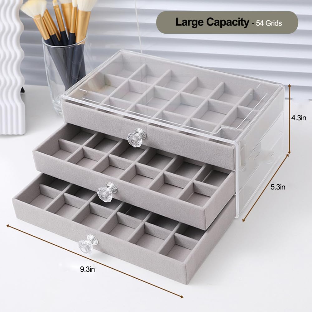 SPAKOWN Earring Box Holder Organizer Display Case, Clear Velvet Jewelry Storage Tray Organizer for Earring Ring Stud (Grey - 3 Drawers)