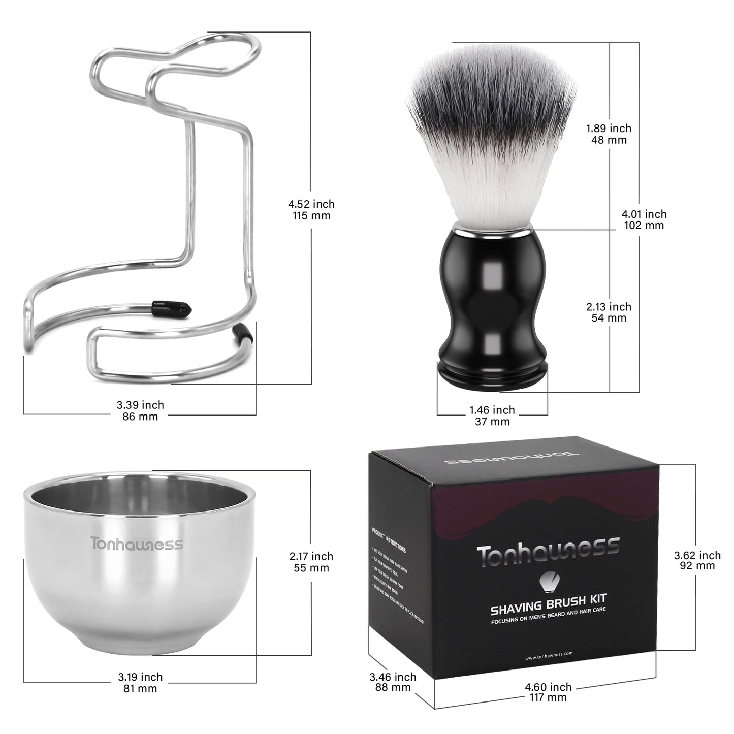 Shaving Brush Set for Men, 3 in1 Shaving Kit Includes Nylon Badger Hair Shaving Brush, Stainless Steel Shaving Bowl and Stand for Wet Shave