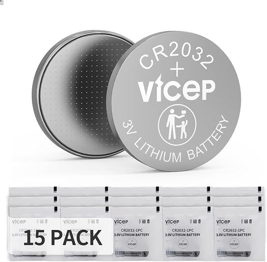 15-Pack CR2032 Lithium Battery 3V Coin Cell Compatible with Car Key Fob, Watches, Calculators, Led Lights & More, Individual Wrapped