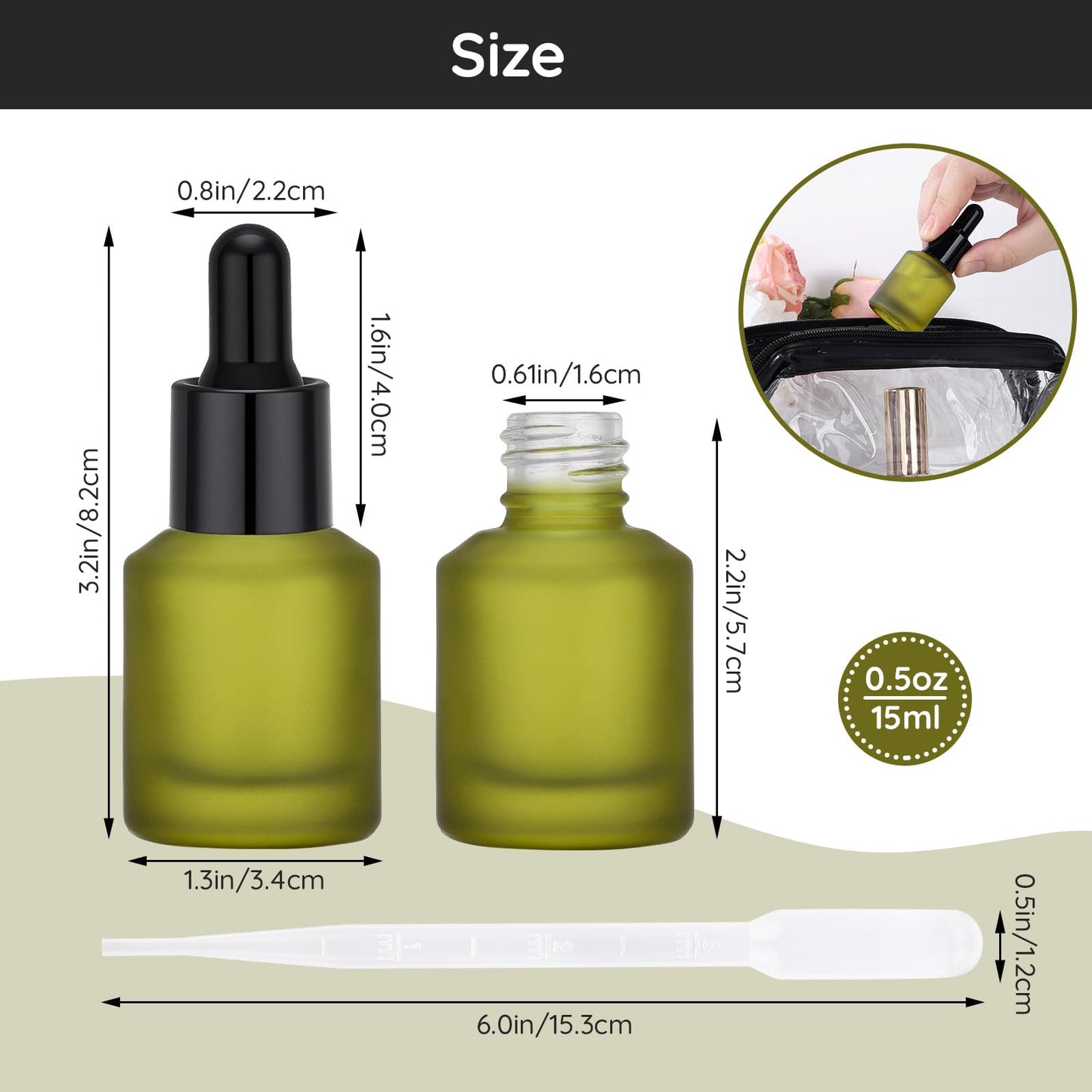 Segbeauty 0.5oz Frosted Glass Dropper Bottles for Oils, 15ml Eye Dropper Bottle Refillable, 4pcs Green Essential Oil Bottles Empty, Liquid Travel Containers for Toiletries, Mini Travel Face Oil Bottle