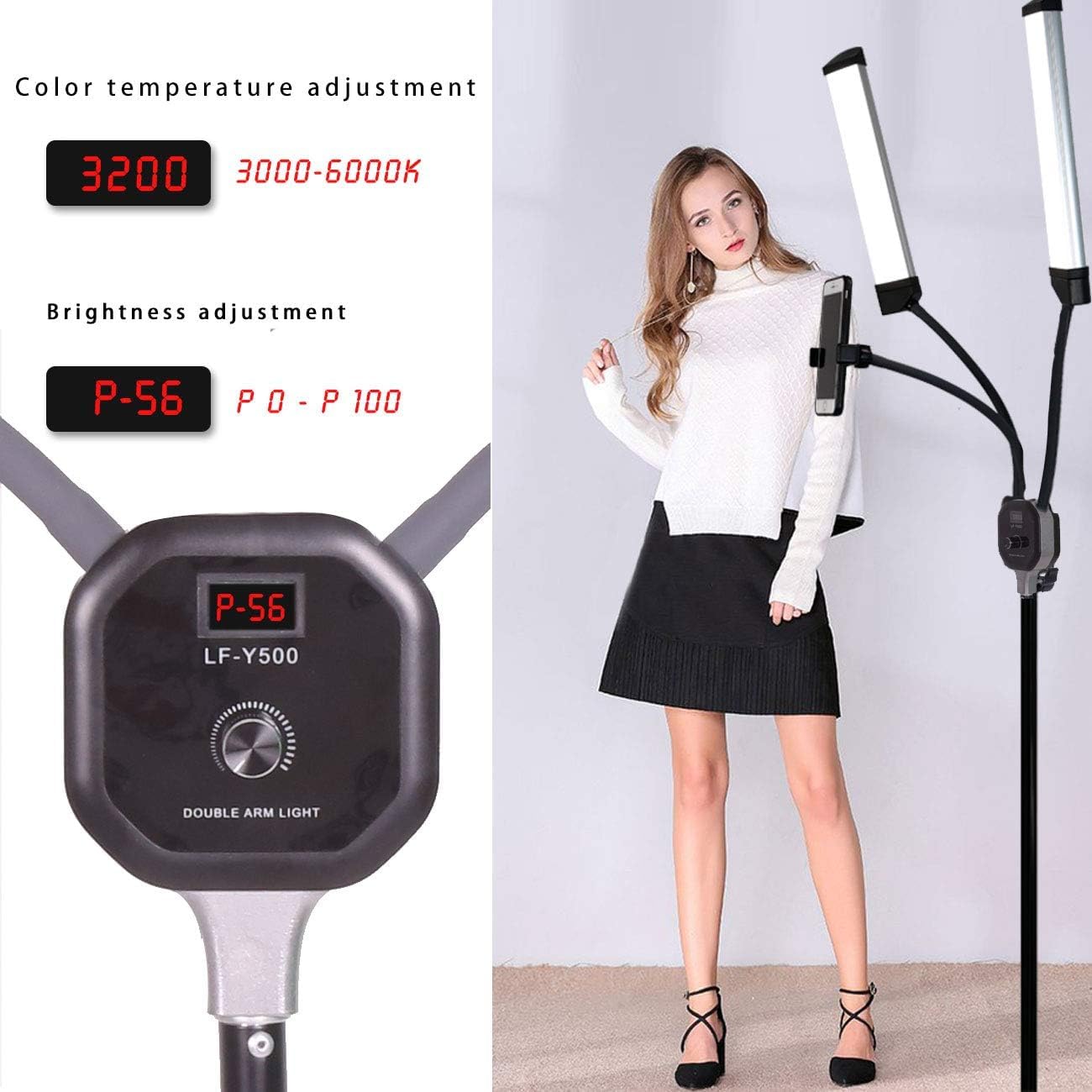 GSKAIWEN 50W Dimmable LED Video Light with Tripod Bag Photography Lighting Kit for Makeup Artist, Lash Lamp,Beauty Light Eyebrow Tattoo Lamp Studio Video Photographic, Double Arm Light