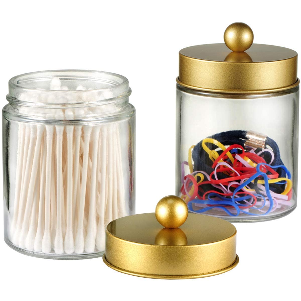 Amolliar 4 Pc Glass Apothecary Jars - Countertop Qtip Dispenser Holder with Stainless Steel Lids &Cute Stickers -Bathroom Vanity Storage Organizer Set for Qtips,Cotton Swabs,Makeup Sponges(Gold)