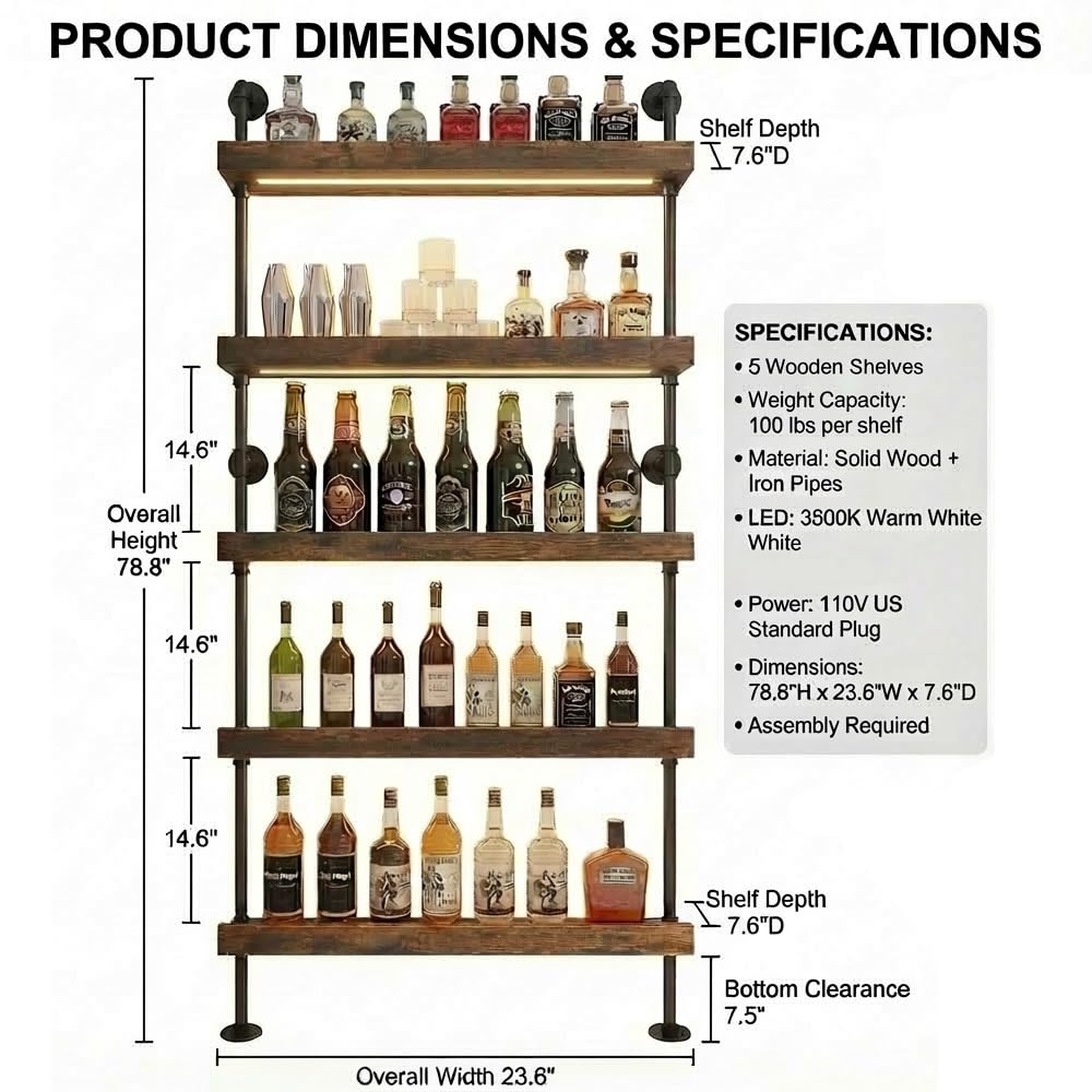 Woskar 5-Tier Wall Mounted Wine Rack with LED, Industrial Pipe Bar Shelf for Wine Bottle Storage, Industrial Pipe Shelves Shelf Shelving for Home Bar Dining Room Kitchen (24INCH-LED)