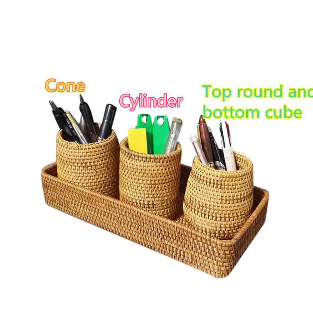 amololo Handmade Rattan Pencil Holder, Cone Makeup Brush Holder, Table Décor Organizer Cups for Stationery, Cosmetic Brushes, Flower Vase, Brown, 7 Inch (Round Top, Cube Bottom)