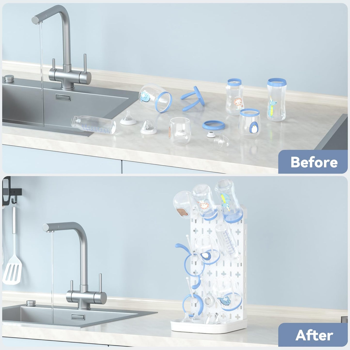 Baby Bottle Drying Rack Baby Bottle Holder Space Saving Bottle Dryer Rack Station Countertop Storage Organizer 12 Travel Bottle Drying Rack Vertical Breast Pump Part Plastic Bag Cup Dryer Tower White