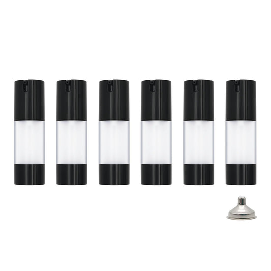 AJLTPA 6Pcs 1oz 30ml Frosted Transparent Airless Pump Bottles with Funnel, Travel Size Vacuum Dispenser Refillable Cosmetic Containers For Foundations, Cream, Serums, Shampoo, Lotion(Black)