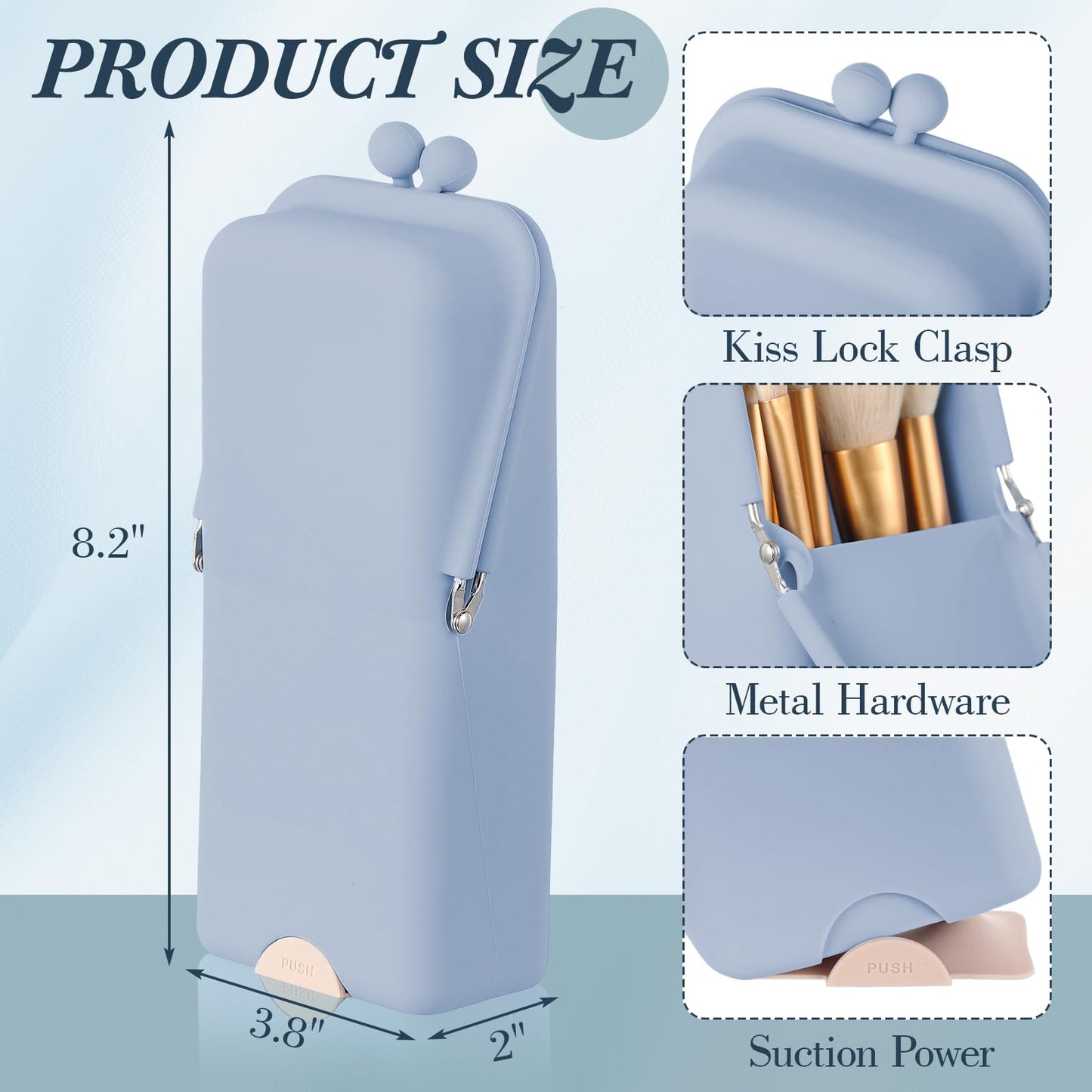 Kacctyen Makeup Brush Case Silicone Makeup Brush Holder Standing Silicone Make up Travel Bag Portable Cosmetic Case Organizer with Suction Base and Phone Stand Pouch for Travel Home Use(Light Blue)