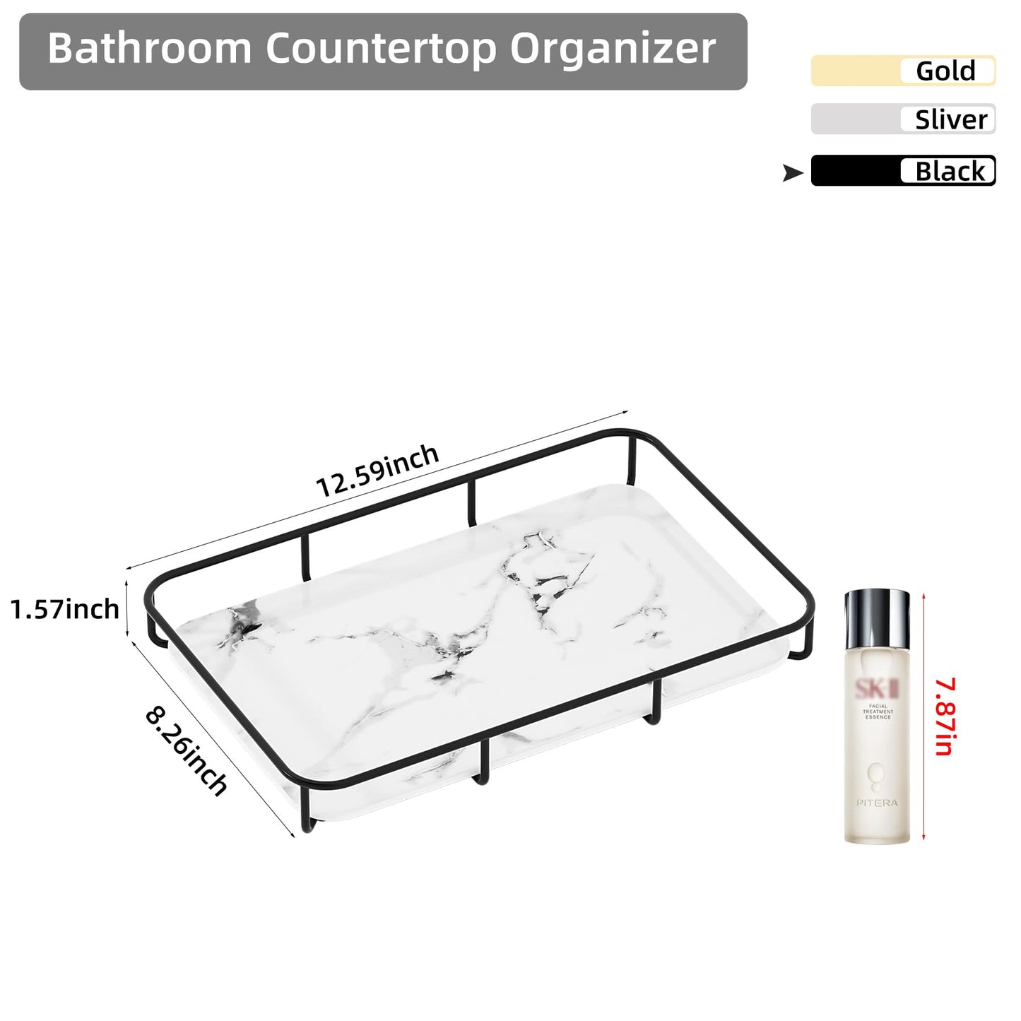 Dobbyby Vanity Tray Makeup Organizer Cosmetics Storage Bathroom Skincare Organizer Countertop Display Rack in Dresser Stainless Steel Shelf Marble Print Ceramic Trays