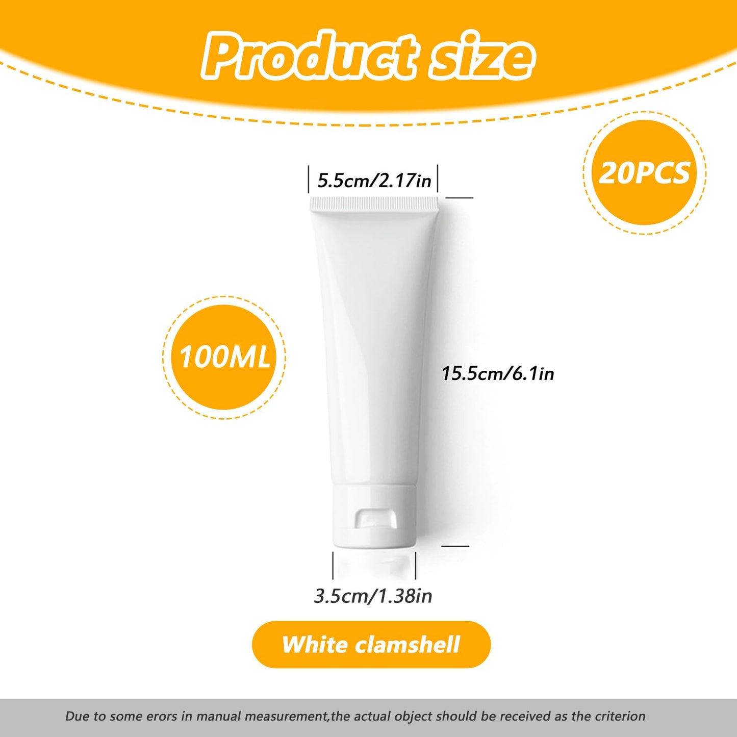 VASANA 20PCS 100ml/3.4oz Empty Refill White Plastic Cosmetic Lotion Tubes Bottles Shampoo Facial Cleanser Makeup Sample Soft Container Tube Bottle Vial Jar Pot Case with Flip Cap