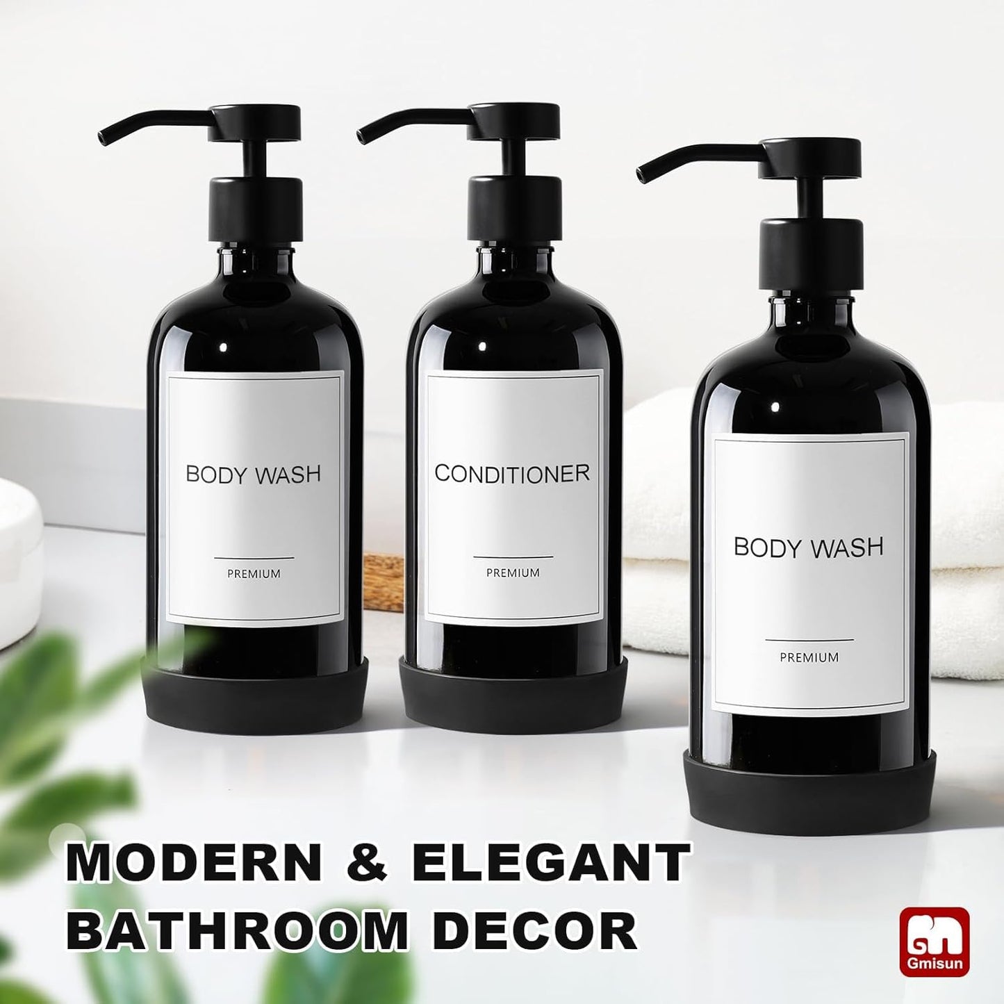 GMISUN Plastic Shampoo and Conditioner Dispenser with Silicone Sleeves, 21 oz Black Shower Soap Dispenser Bottles with Labels, Refillable Shampoo Conditioner Body Wash Dispensers Set of 3